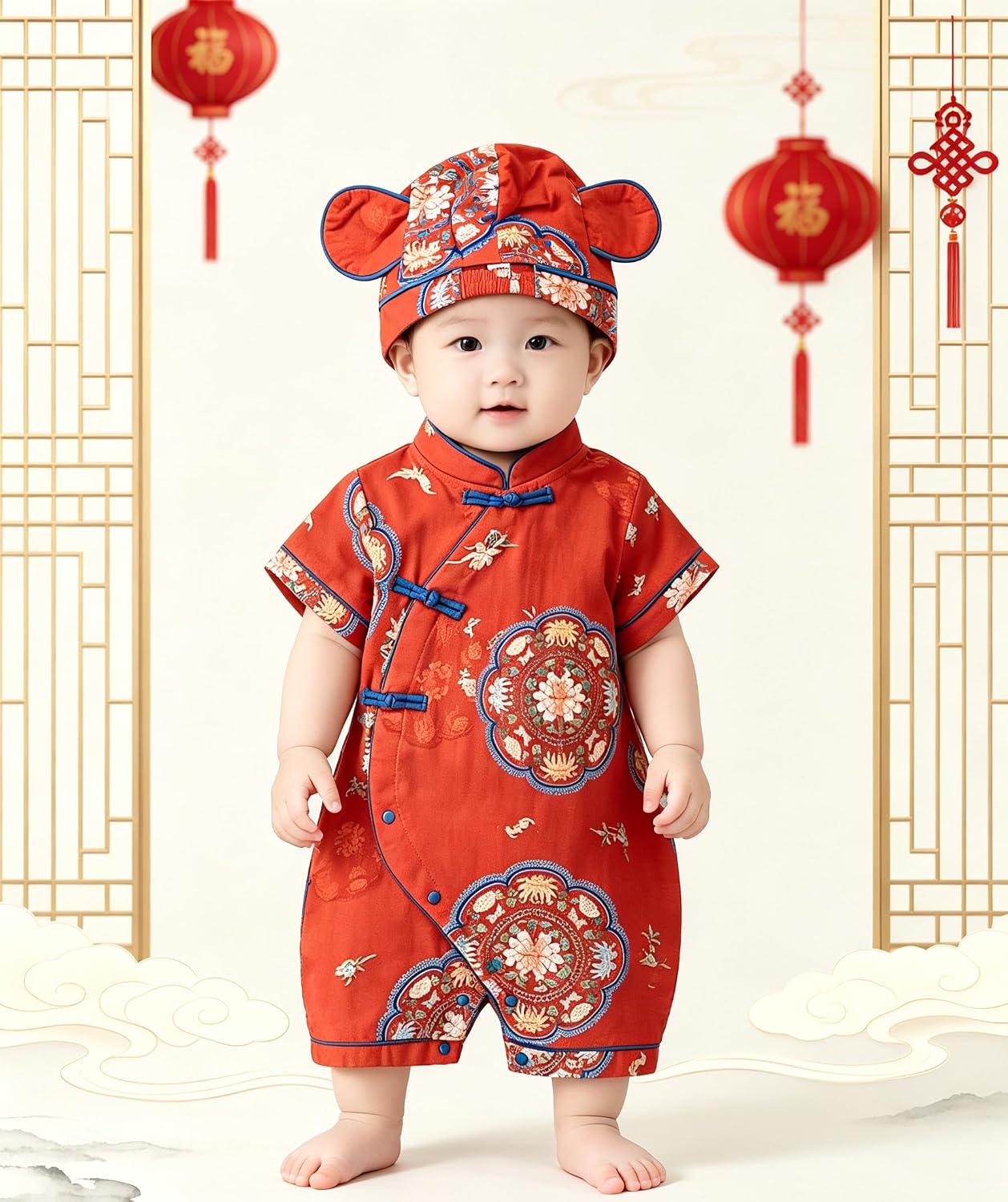 Newborn Chinese Style Outfits Baby Boy Chinese New Year Tang Suit & Hat, Soft Cotton Romper Infant Boy Tang Qipao