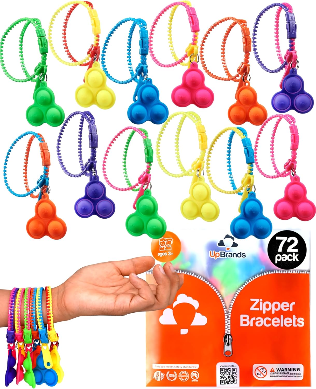 UpBrands 72 Fidget Party Favors for Kids Upgraded Zipper Pop-it Bracelets, ADHD Fidget Toys Poppers, Gifts for Kids Bulk Kit for Birthday Party, Easter Egg & Pinata Fillers