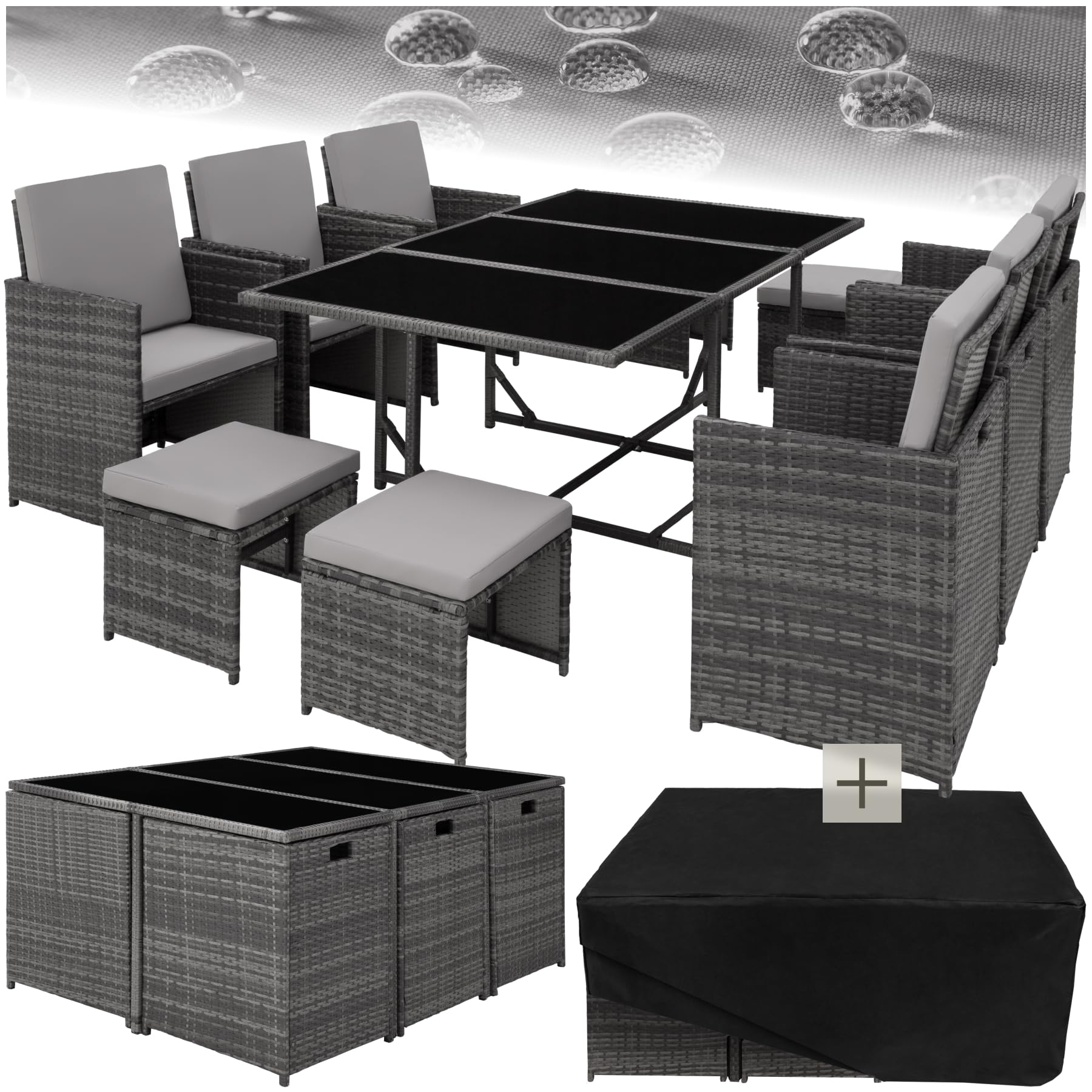 tectake® Conjunto Jardín Exterior de Ratán y Acero, Agrupable en Cubo, Muebles Jardín Exterior Resistente a la Intemperie, para 6-10 Personas, Fundas Extraíbles y Funda Protectora - Gris Claro