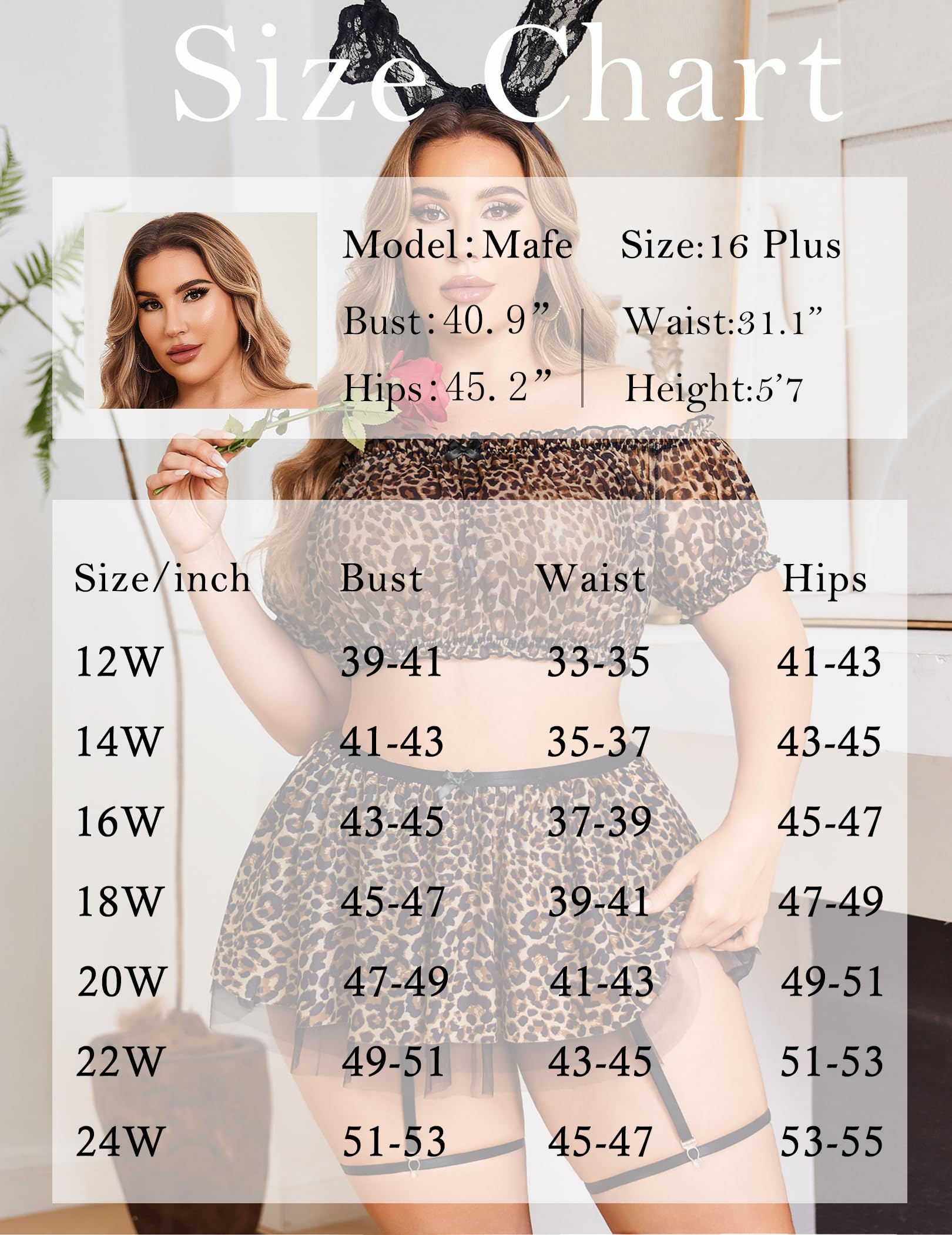 Avidlove Plus Size Garter Lingerie Set Mesh Ruffle Cosplay Lingerie with Mini Skirt 3 Piece Lingerie Set: Leopard Print 22 Plus