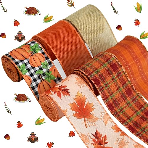 TONIFUL 6 rollos de cintas de arpillera naranja con alambre de Acción de Gracias, cinta de 2.5 pulgadas y 30 yardas con calabaza rústica a cuadros,