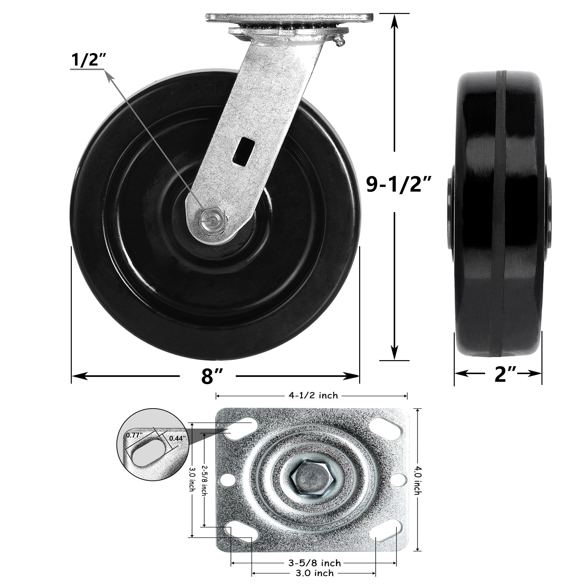 HANDSAMMU 8inch Caster Wheels, Heavy Duty Casters, Industrial Caster with Strong Capacity 1400 LB, High Temperature Resistance: -50f to +250f. Use for Dollies, Workbench (8 inch, 1 Swivel)