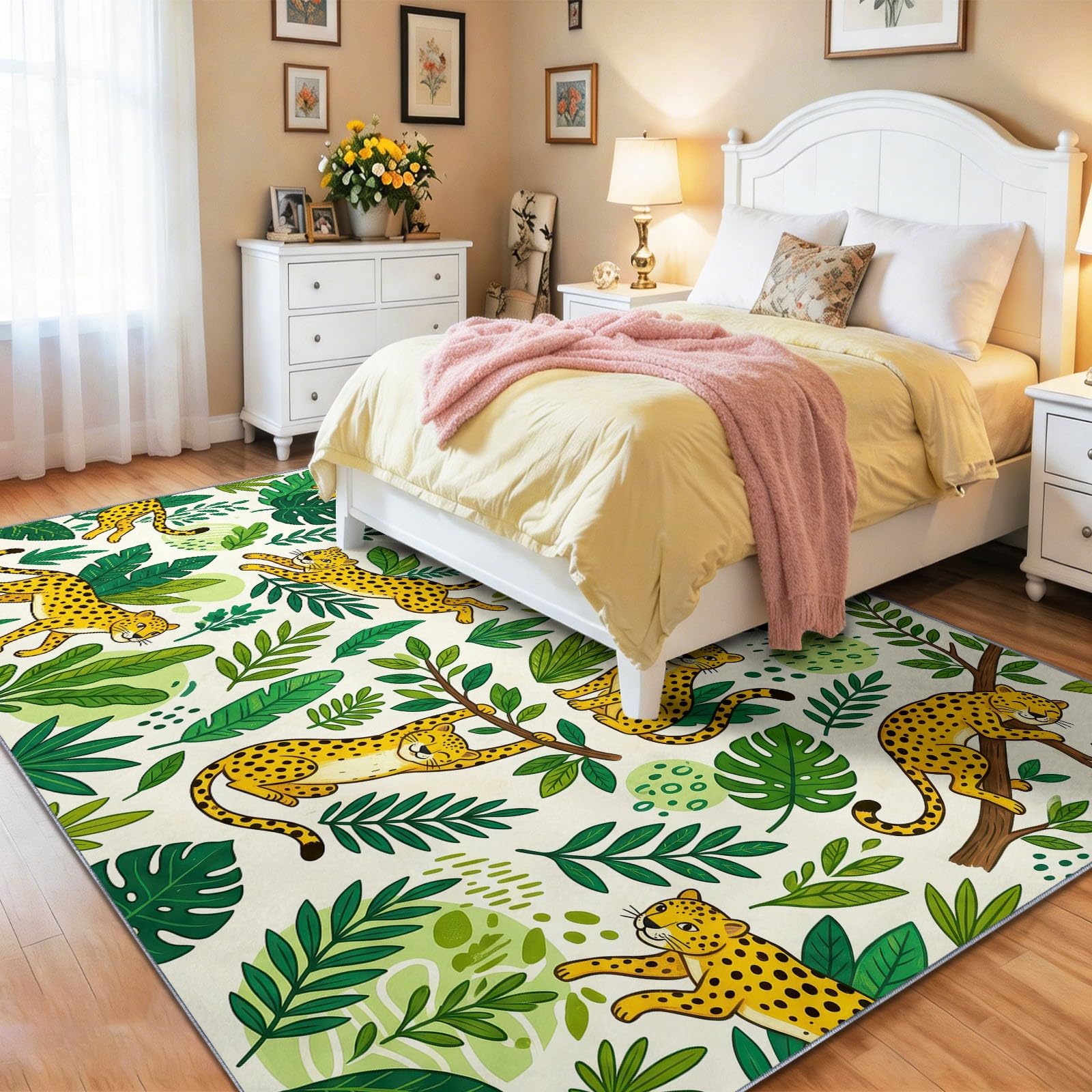 Tropisch Cartoon Leopard Monstera Farnblätter Waschbarer Schlafzimmer Teppich 120 x 170 cm - abwaschbar rutschfest Weich - Teppich für Wohnzimmer Esszimmer Büro Kinderzimmer