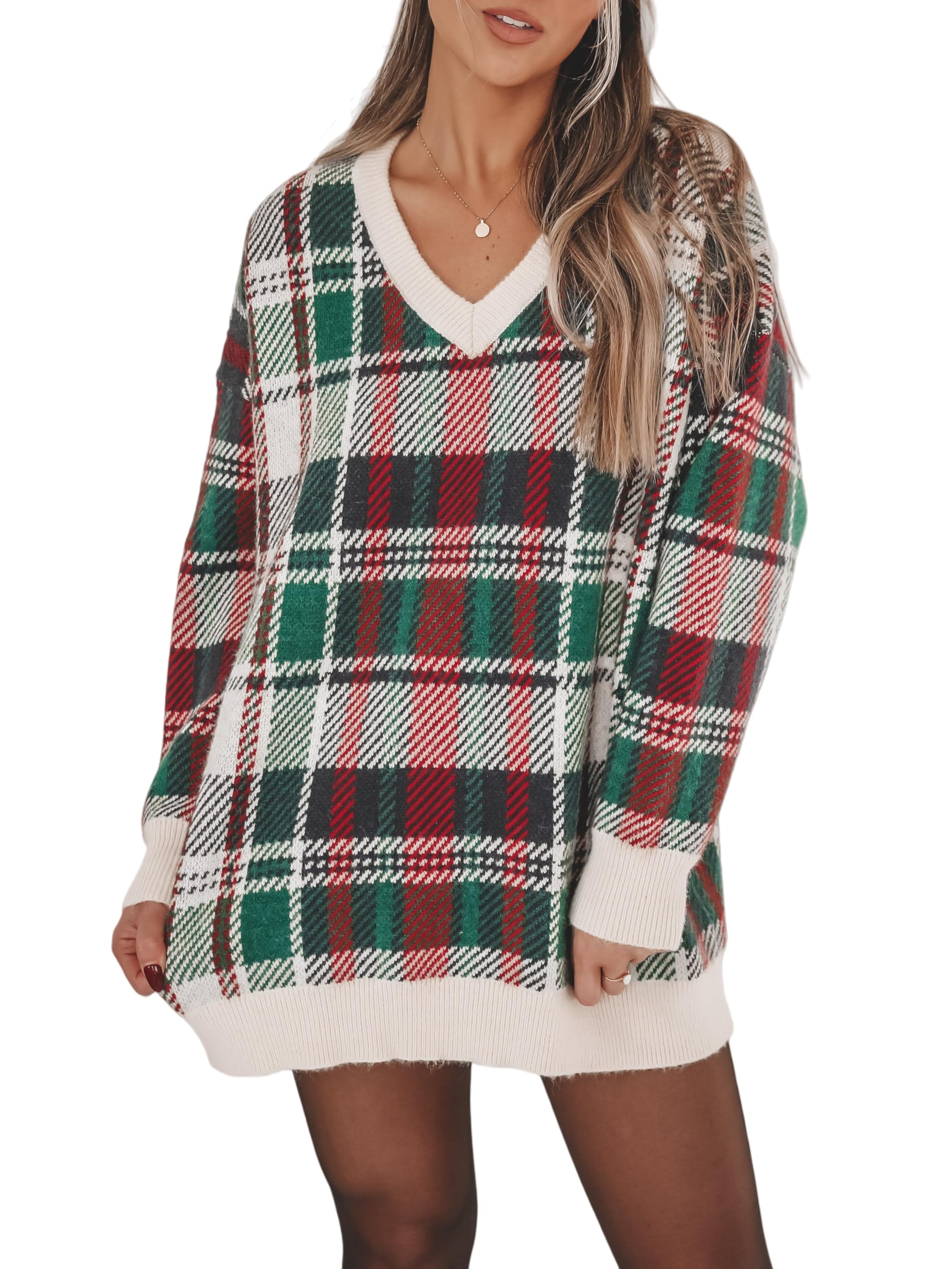 Seyumixi Women Cute Plaid Sweater Oversized V Neck Long Sleeve Pullover Top Christmas Sweater Dress Fall Winter Clothes