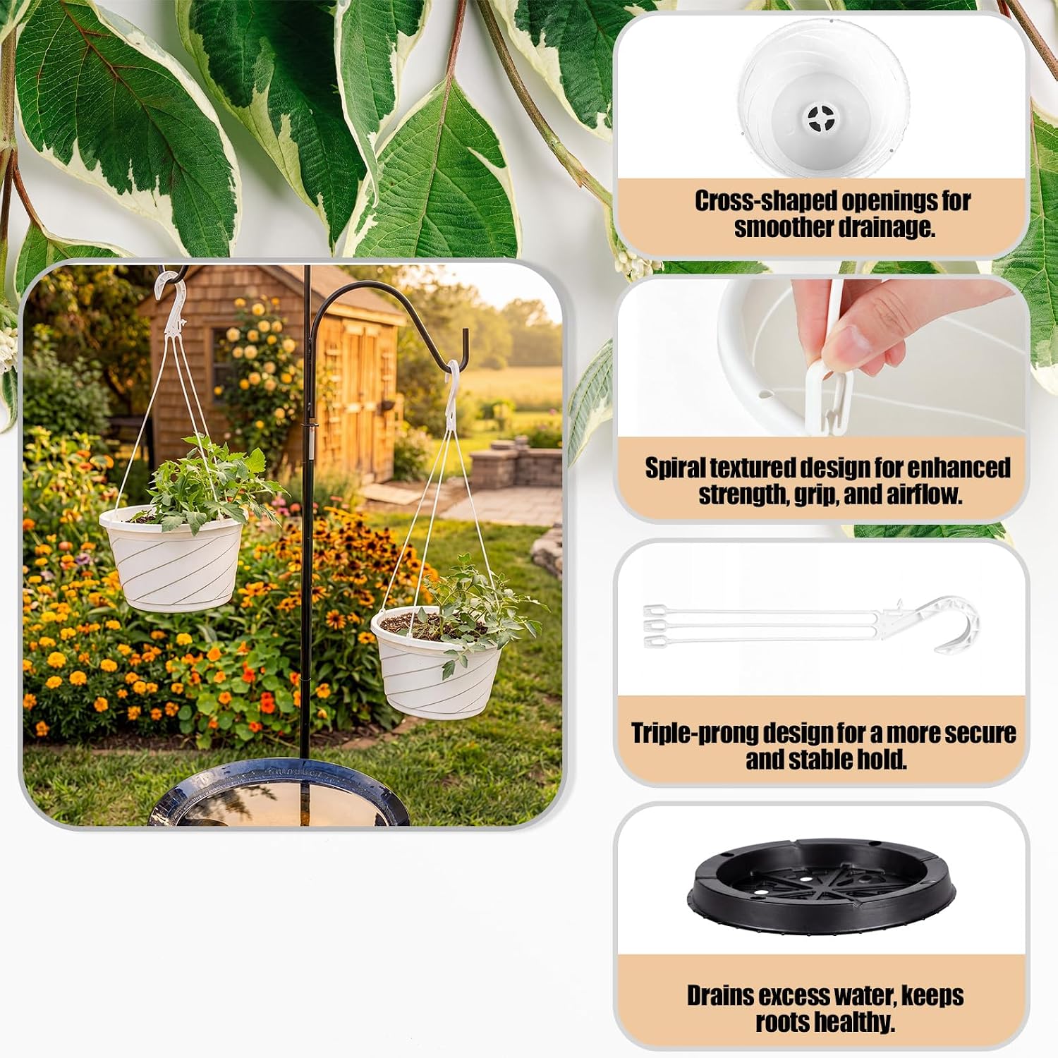 8 Pcs 10 Inch Modern Euro Swirl Hanging Planter Uv-Resistant Plastic Hanging Basket Smart Drainage Lightweight Indoor Outdoor Flower Pots for Garden Porch Balcony Patio Home Decor (White)