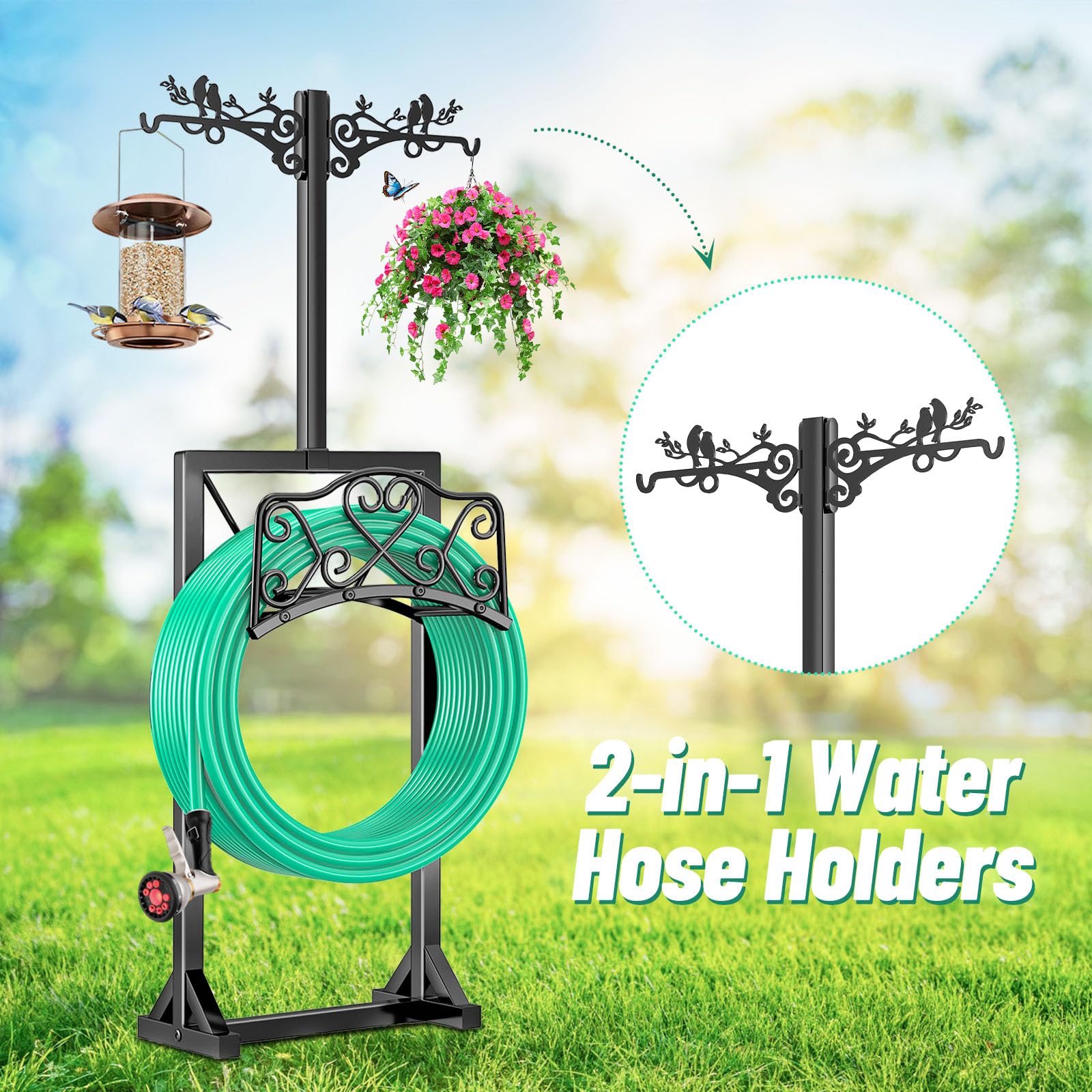 160CM Gartenschlauchhalter Freistehend mit 2 Vogelstatuen Haken | Wasserschlauchhalter Mit 5 Spikes,hält 45 m Schlauch,Abnehmbarer Schlauchständer,Schwarz Für Außenbereich Hof Rasenplatz