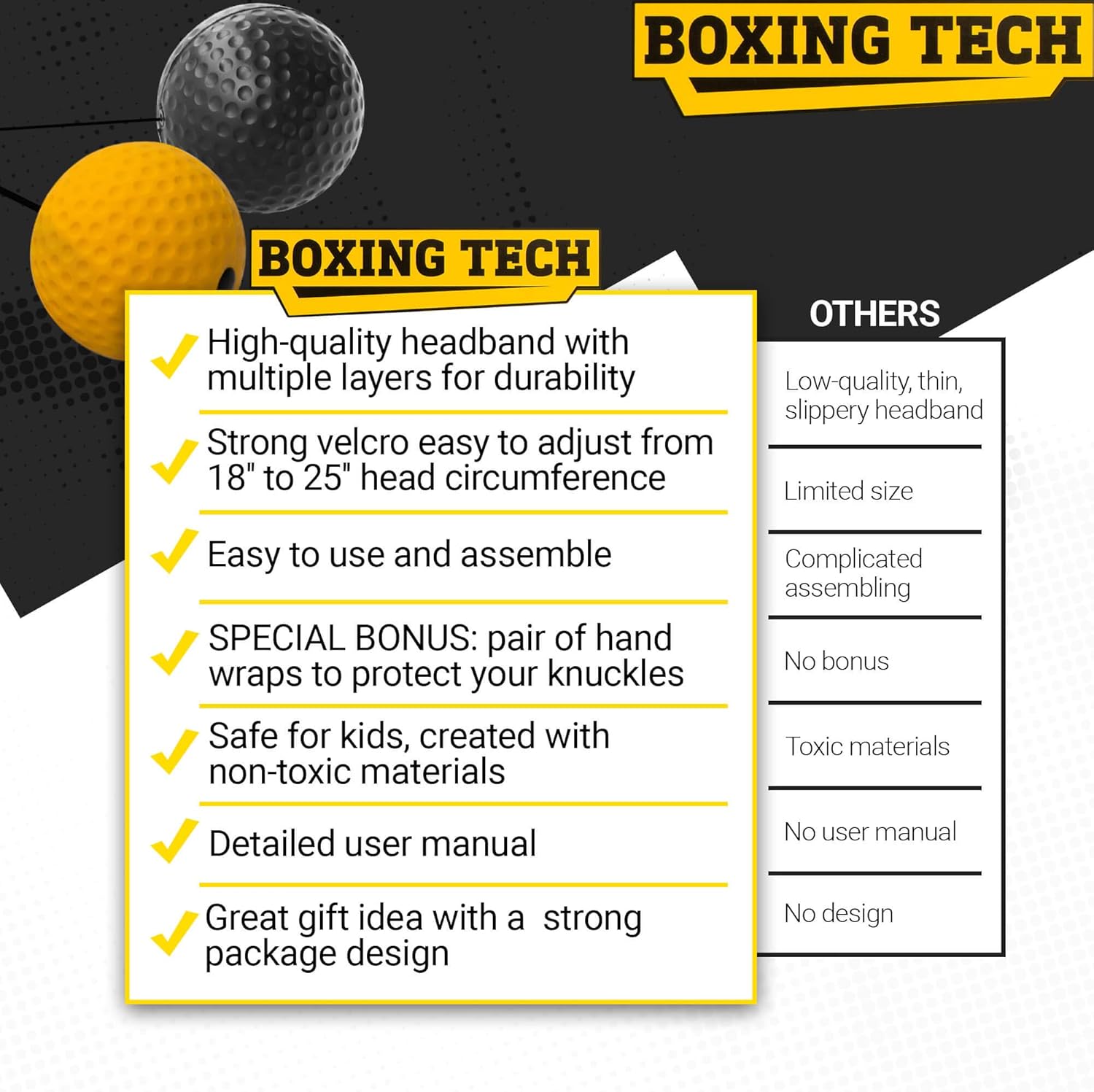 Boxing Reflex Ball Headband Set - Punching Ball on String Adjustable Two Difficulty Level for Training Box Fight MMA Equipment Hand Eye Coordination Speed Reaction with Hand Wraps for Kids and Adults : Sports & Outdoors