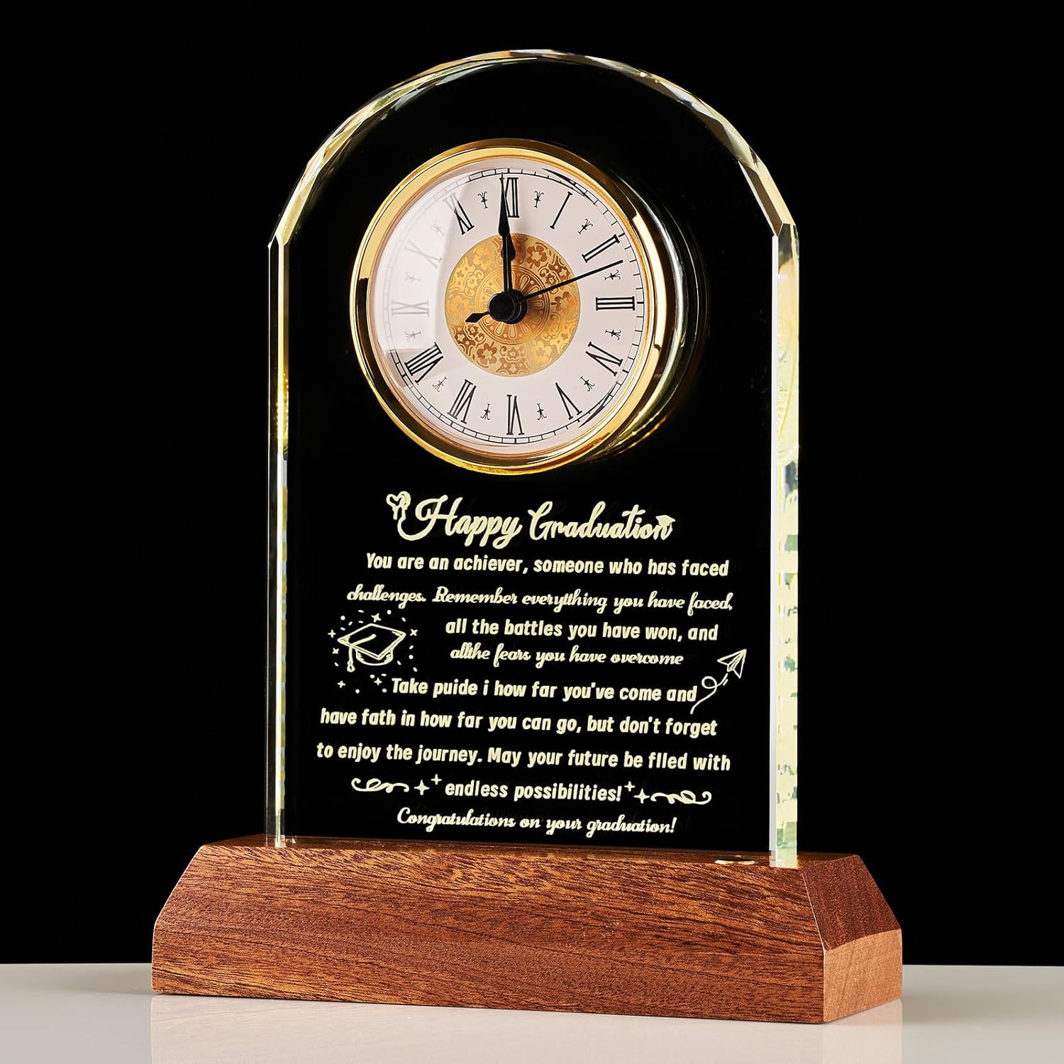 Crystal Graduation Clock Gift for Women & Men with Wooden Light Base, Unique Graduation Inspirational Keepsake Gifts for Her Him, College, High School, Master’s or PhD Graduates