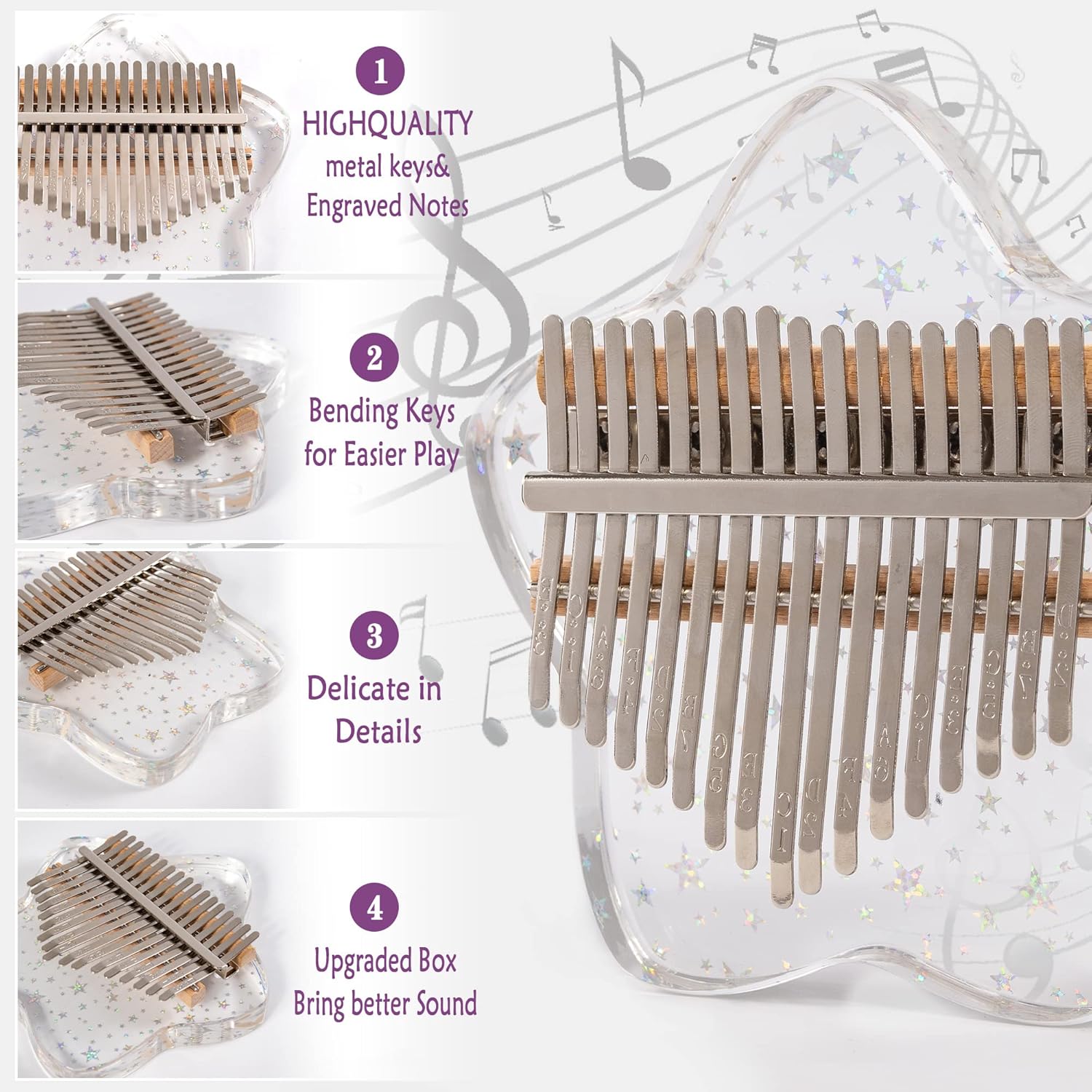 Cute Kalimba Thumb Piano 17 Keys-Star Crystal Acrylic Finger Piano-Portable Mbira Musical Instruments Cute Christmas Gift with Tune Hammer and Study Instruction for Adults Beginners