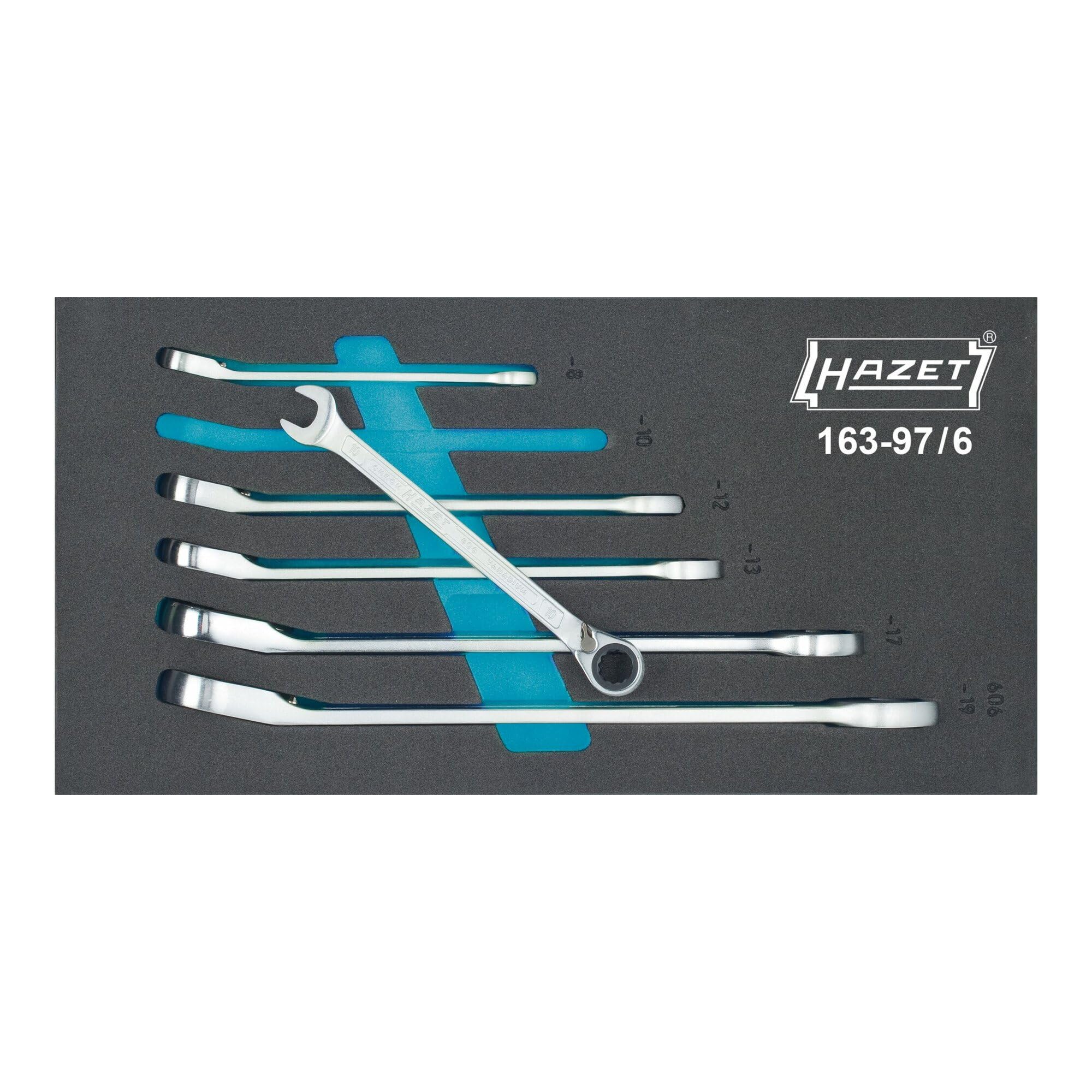 Juego de llaves combinadas de carraca HAZET 163-97/6 I 6 piezas I caja de plástico con sistema de seguridad, ancho de llave: 8-19 I juego completo".