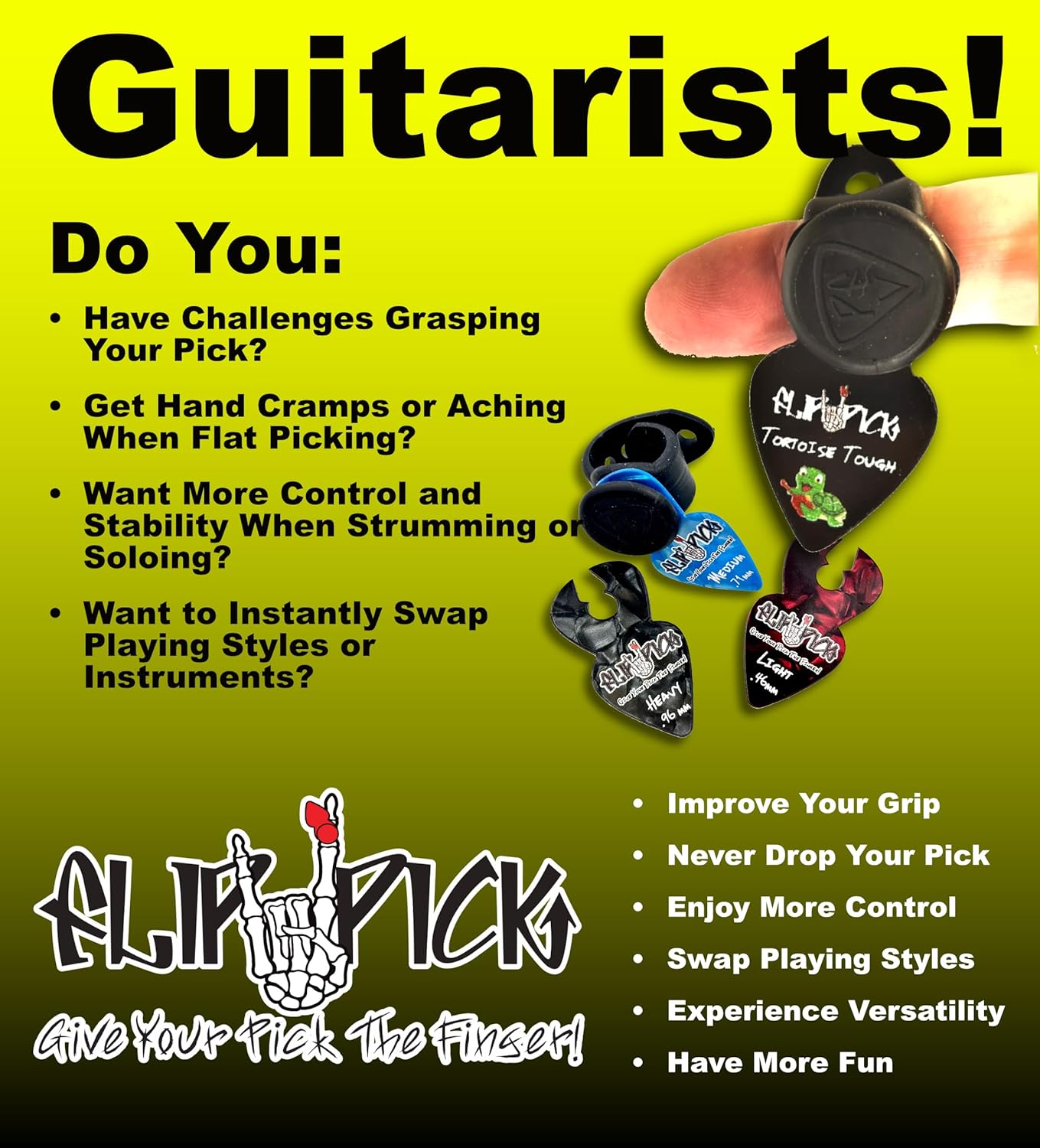 Heavy RAVEN Guitar Pick Bundle with Finger Strap, Complete System, 0.96mm Thick, 7-Piece Set