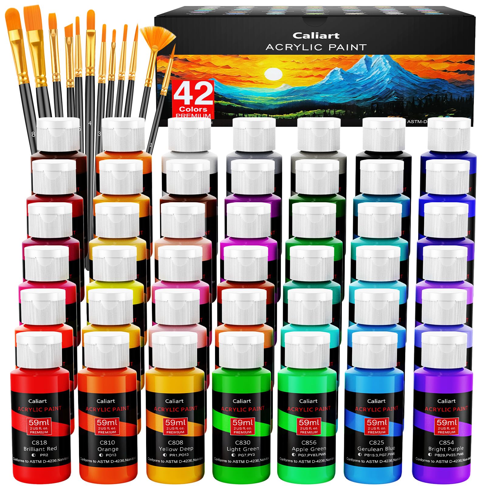 CaliartAcrylic Paint Set with 12 Brushes, 42 Colors (59ml, 2oz) Art Craft Paints Gifts for Artists Kids Beginners & Painters, Halloween Pumpkin Canvas Ceramic Rock Painting Kit Art Supplies