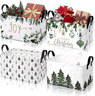 Chunful 4 Pack Winter Storage Baskets, Christmas Tree Containers for Gifts | Empty Collapsible Baskets with Handles, Green Pine Snowflake Canvas Organizer Rectangle Clothes Bins for Holiday Closet Decor