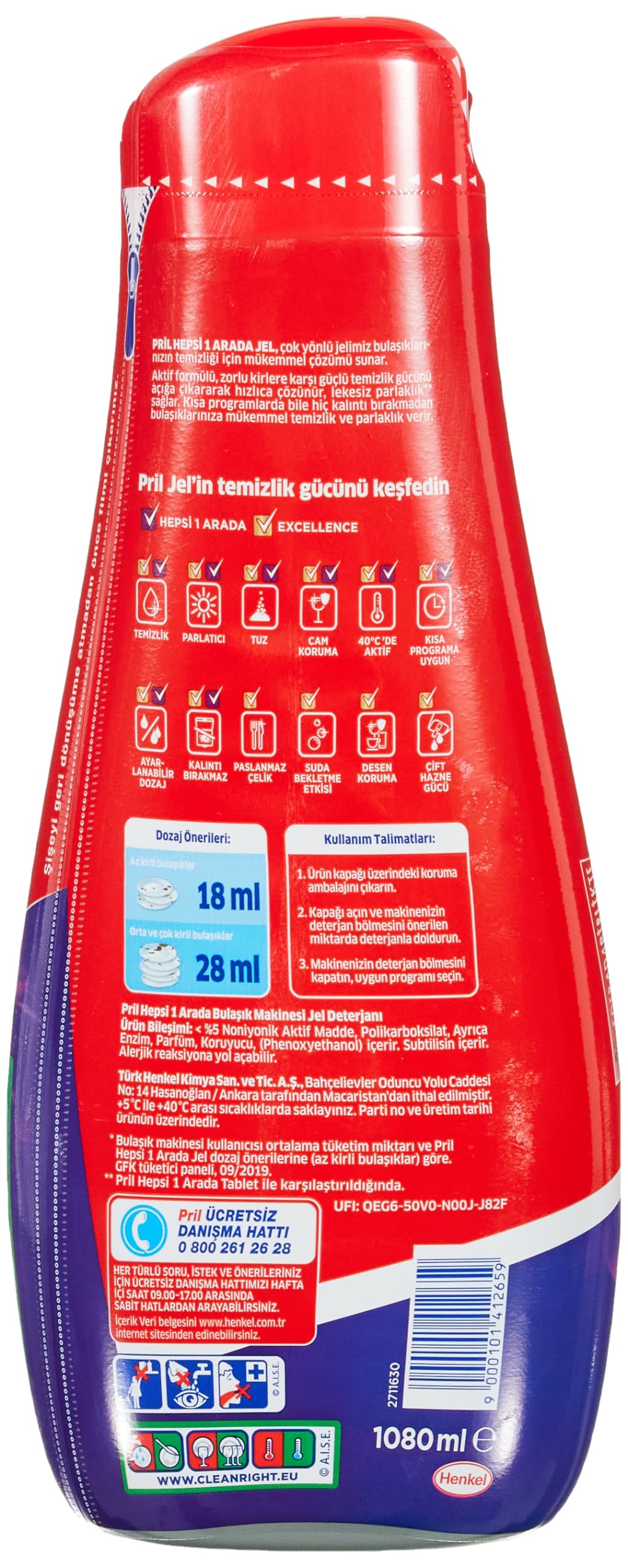 Pril Hepsi 1 Arada Jel Standart 60 Yıkama Bulaşık Deterjanı (1 x 1080g) (3 paketi)