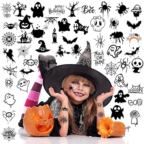 Miniatura 3 de 8 hojas de calcomanías de tatuajes temporales de Halloween de araña, 96 piezas con temática negra de Halloween, suministros de fiesta de cumpleaños,