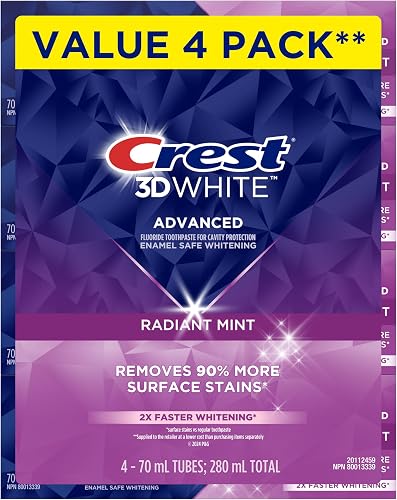 Crest 3D White Advanced Teeth Whitening Toothpaste, Radiant Mint, 4 Count (Pack of 1), 280 mL Total (70 mL each)