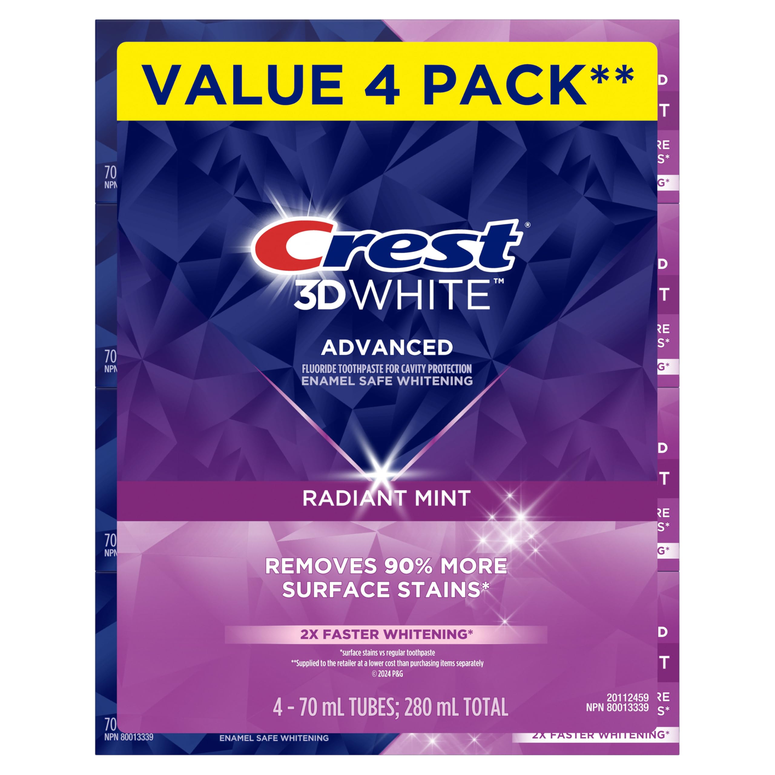 Crest 3D White Advanced Teeth Whitening Toothpaste  Radiant Mint  4 Count (Pack of 1)  280 mL Total (70 mL each)