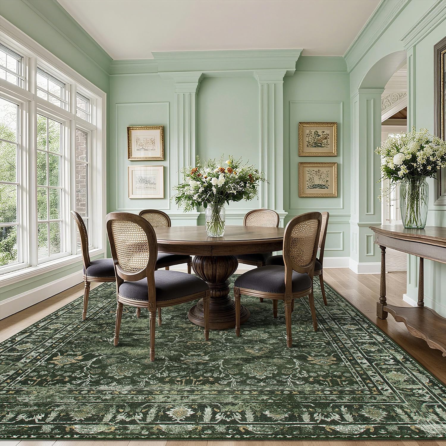 8x10 Area Rugs for Living Room, Non Slip Washable Rugs Large Rug Indoor Carpet, Durable & Soft Vintage Rug for Bedroom Dining Room Home Office Decor, Dark Green