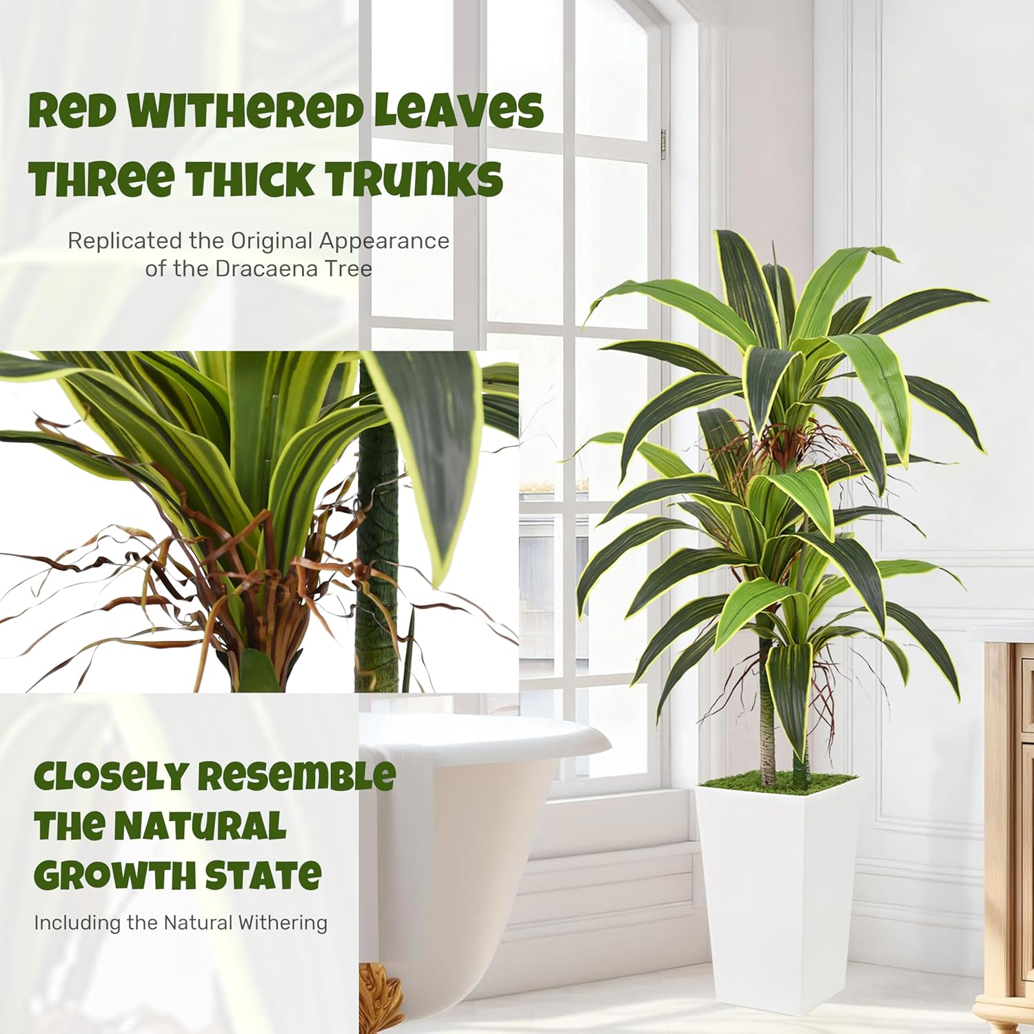 Roselywed Artificial Dracaena Tree 5FT with 33 Leaves & 3 Heads & White Tall Planter Cover with Green Moss Realistic Tall Large Fake Faux Tropical Yucca Silk Plant for Indoor Home Office Porch Decor