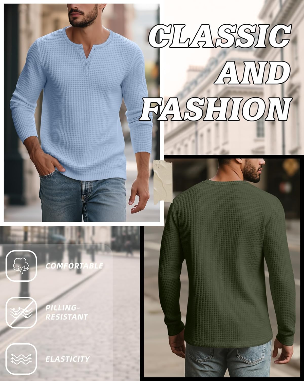 3 Pack Men’s Waffle Henley Shirts, Long Sleeve Button Tops Casual Basic T-Shirts Lightweight Knit Pullover - Image 2