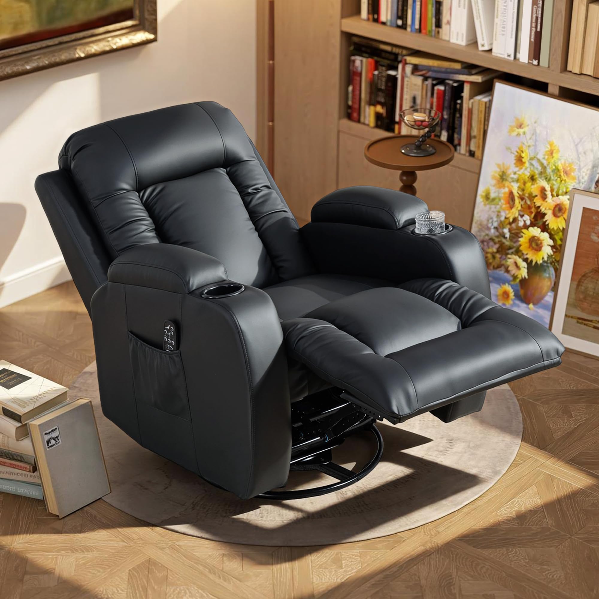 HOMCOM Sillón de Masaje Giratorio con 8 Puntos de Masaje Vibrante Sillón Relax Reclinable con Función de Calefacción Lumbar Mando a Distancia Butaca Reclinable para Salón 85x94x104 cm Negro