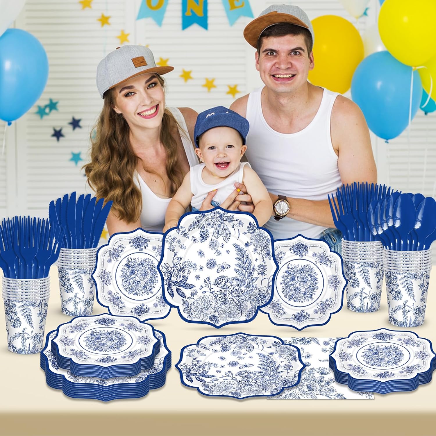 168 Pcs Blue and White Plates Serve 24 Guests Vintage Blue Floral Plates and Napkins Party Supplies Toile Paper Disposable Dinnerware Sets for Tea Party Birthday Bridal Shower