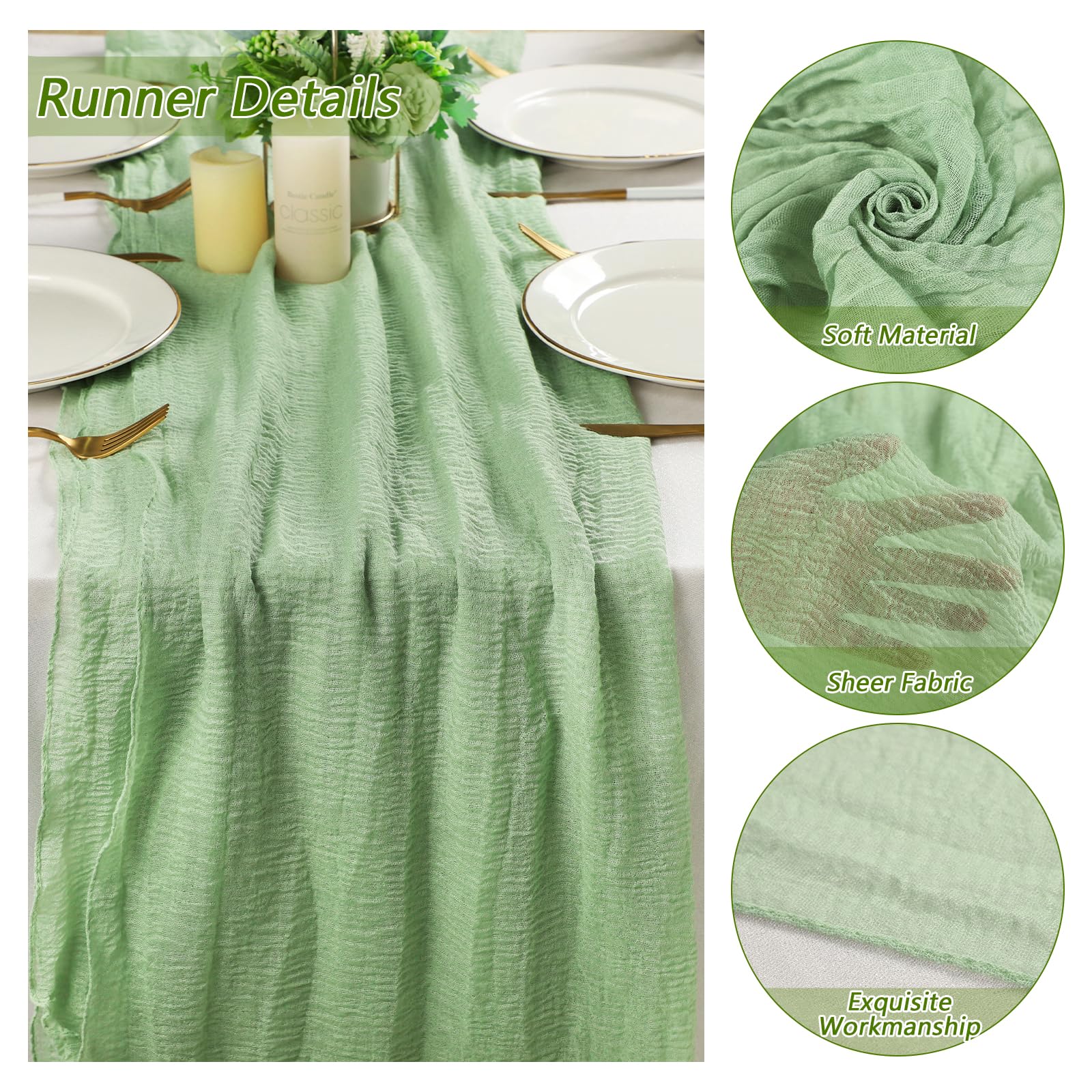 Runner Da Tavola In Garza Famibay - Verde Salvia, 80x300 Cm, Per Matrimoni, Decorazione Rustica - Foto 3