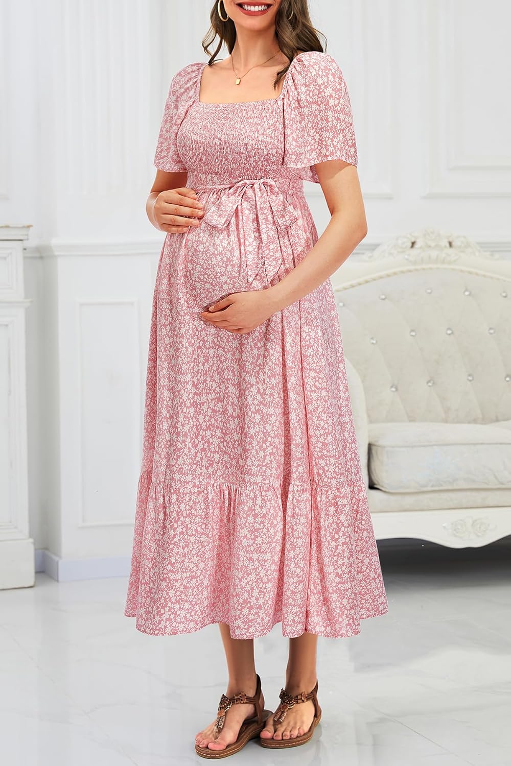 Maternity Dress for Baby Shower - Fall Spring Photoshoot Smocked Square Neck Pregnancy Wedding Guest Midi Dress