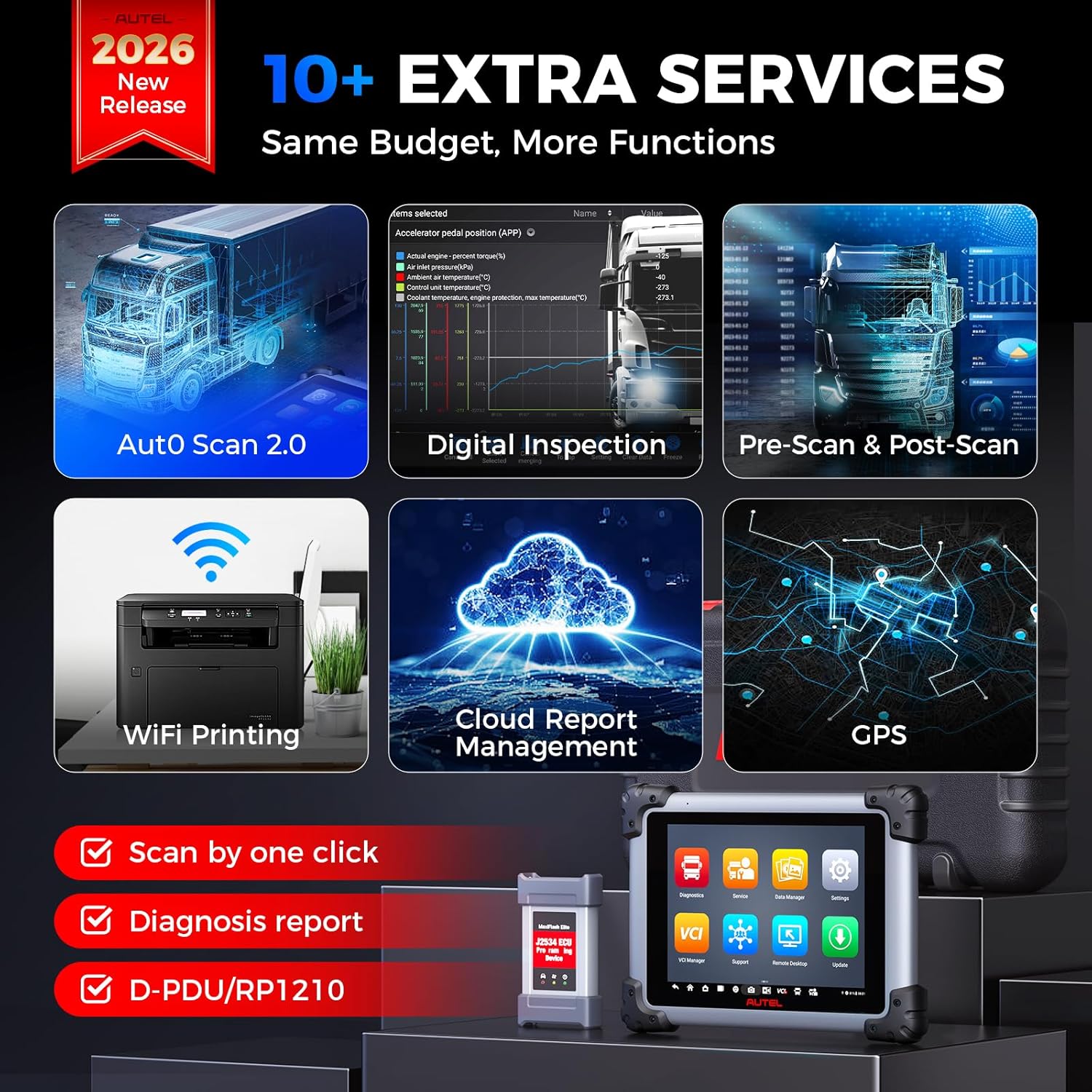 Autel MaxiSys MS908CV II: 2026 Heavy Duty Truck Scanner Upgrade of MS908CV, Same as MS909CV, Semi Truck Tool with J2534 Tool, C0ding, Active Test, 64 Service, Diesel Diagnostic Tool