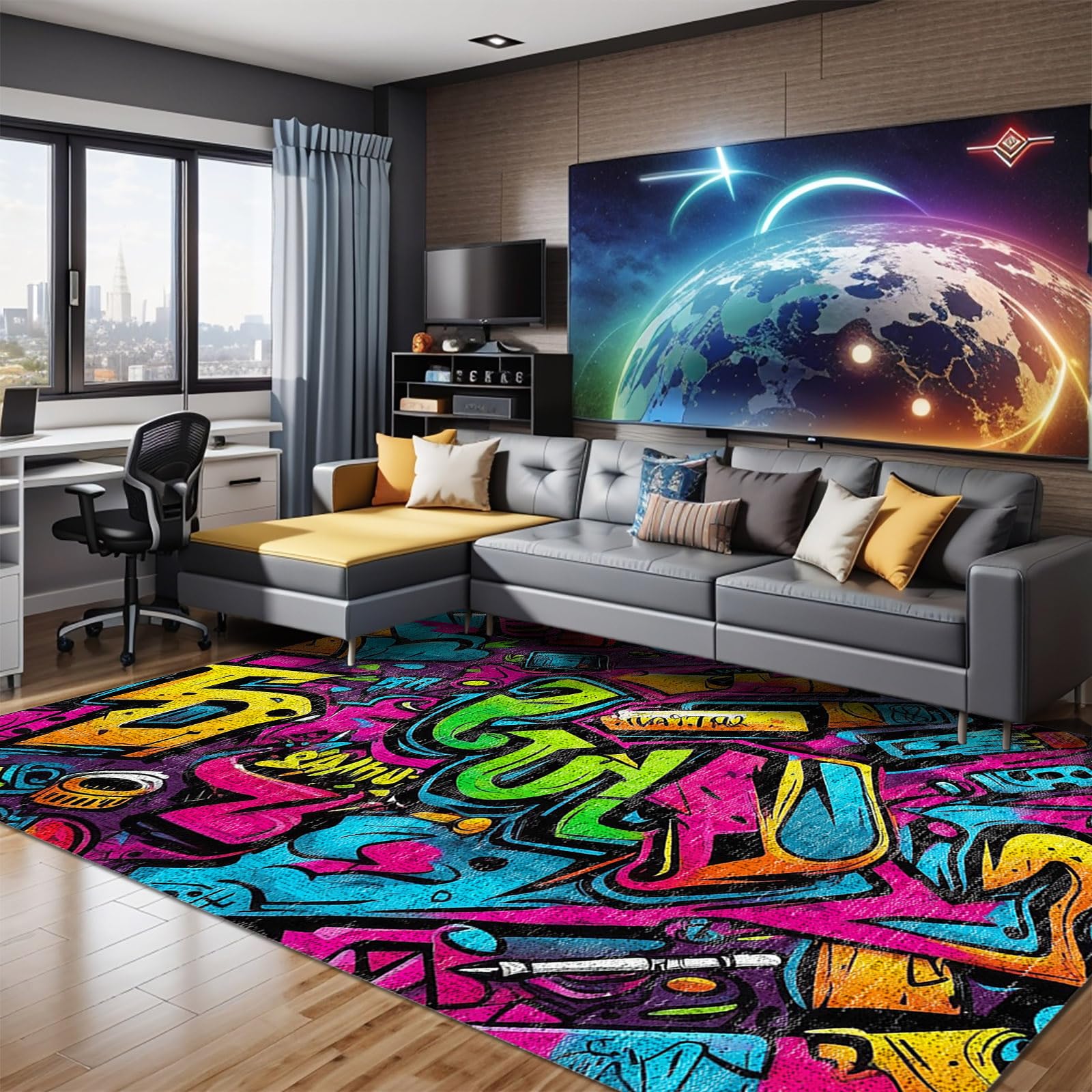 bamyum Fearless Gamer Bedruckter Teppich Chenille-Druck Maschinell Hergestellt für Spielzimmer, Gamer-Teppiche für Schlafzimmer, Videospiel Waschbarer Gaming-Teppich 160X230