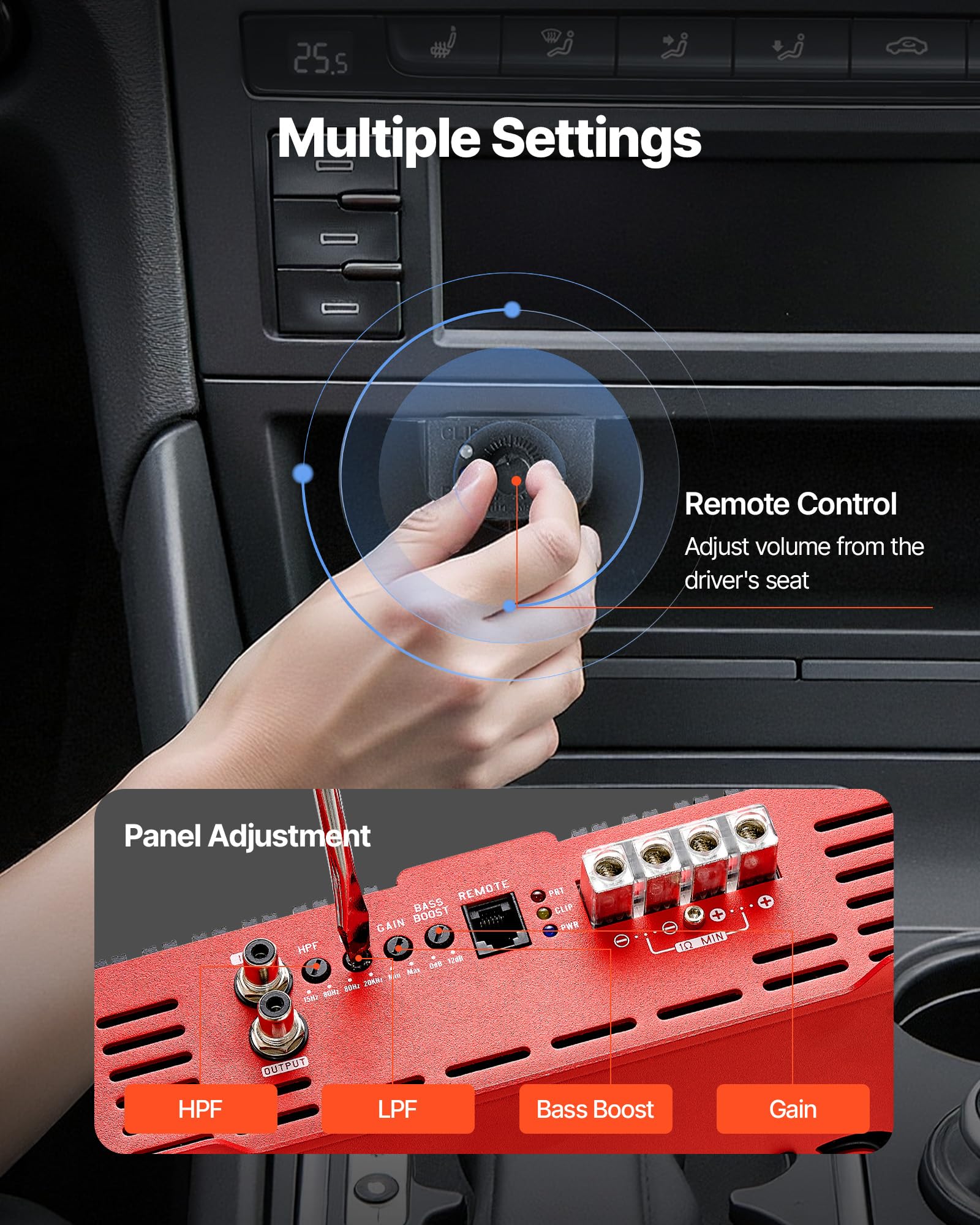 VEVOR Amplificador Monobloque para Coche de 1500 W, RMS MÁX. 1/2/4 Ohmios, Clase D, 1 Canal, con Control Remoto de Nivel de Subwoofer, Filtro de Paso Bajo, Refuerzo de Graves y Control de Volumen
