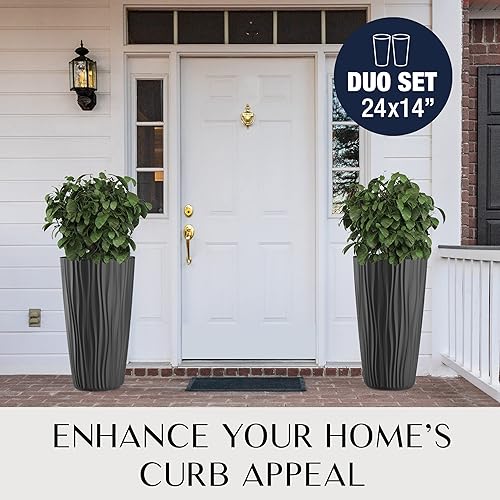 Miniatura 3 de Mueller M-Resin - Maceta alta resistente para interiores y exteriores, árbol, maceta, juego de 2 piezas, 24 pulgadas, diseño moderno, drenaje