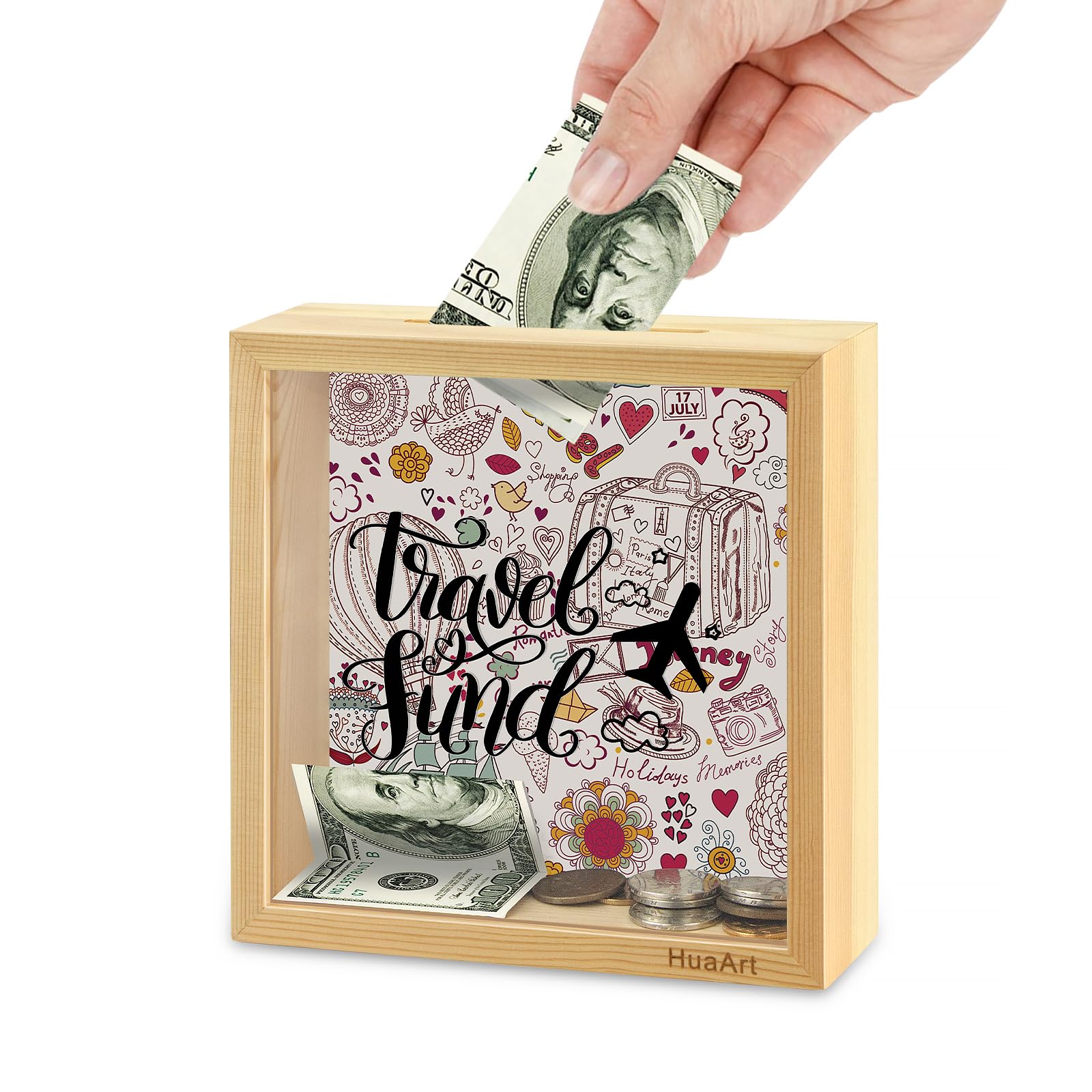 Piggy Bank for Kids. Wooden Money Coin Bank for Boys and Girls，Coin Bank Money Bank，Natural Wood Money Box，Travel Fund Printed on The Plexiglass Front.