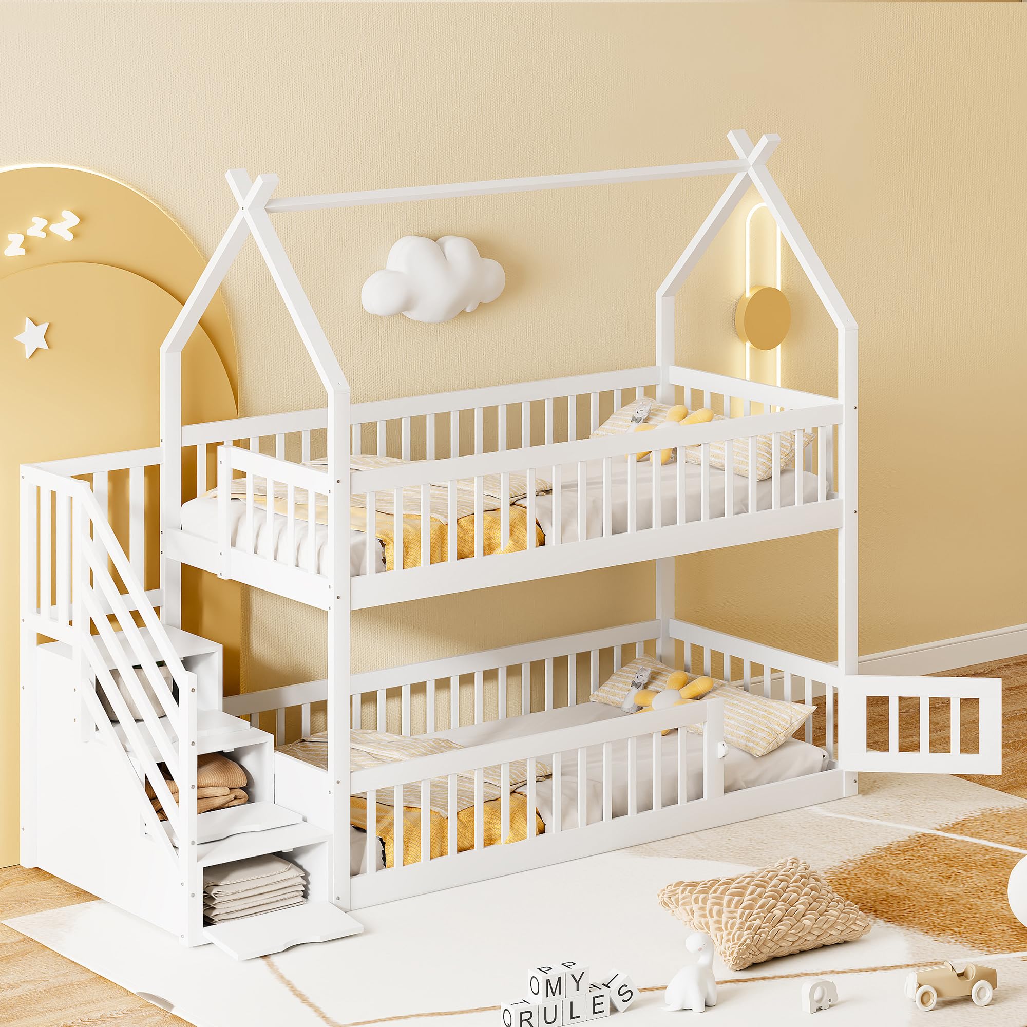 Etagenbett Kinderbett 90x200 cm mit Treppe und Stauraum, Hochbett Hausbett mit Rausfallschutz und Armlehne, Holzbett Bettgestell mit Lattenrost (Nur das obere Bett), Weiß, Ohne Matratze