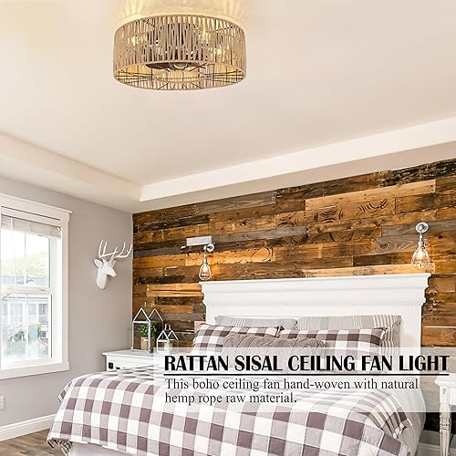 Miniatura 8 de Ventilador de techo enjaulado con ventilador de techo cerrado con luz, ventilador de techo bohemio con cuerda de cáñamo ligero, ventilador de techo