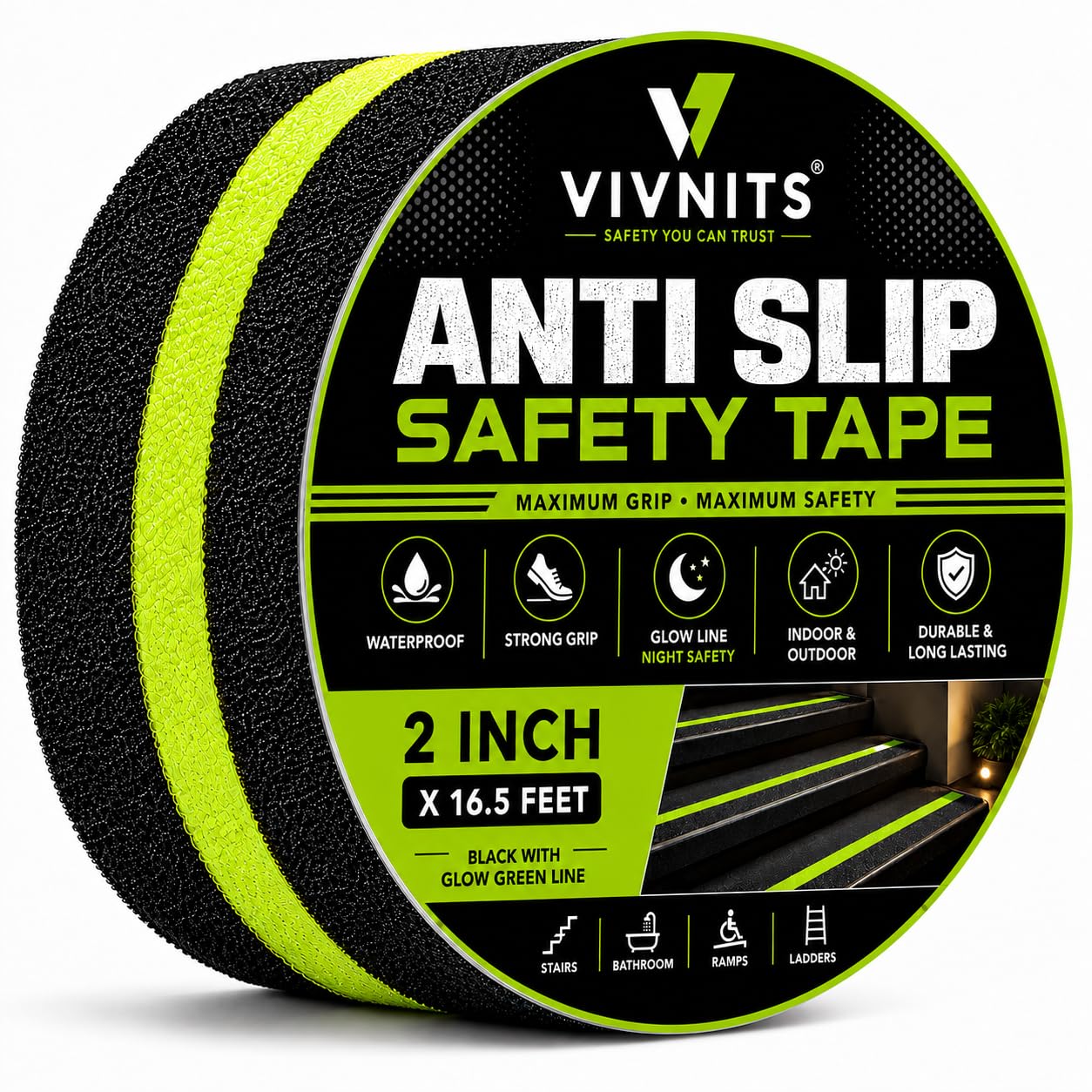 Anti Slip Tape for Stairs Waterproof, Heavy Duty Anti Skid Grip Tape for Bathroom Floor, Tiles & Granite Steps, Glow in The Dark Radium Safety Tape for Staircase, Non Slip (2Inch X 5meter) (Pack OF 1)