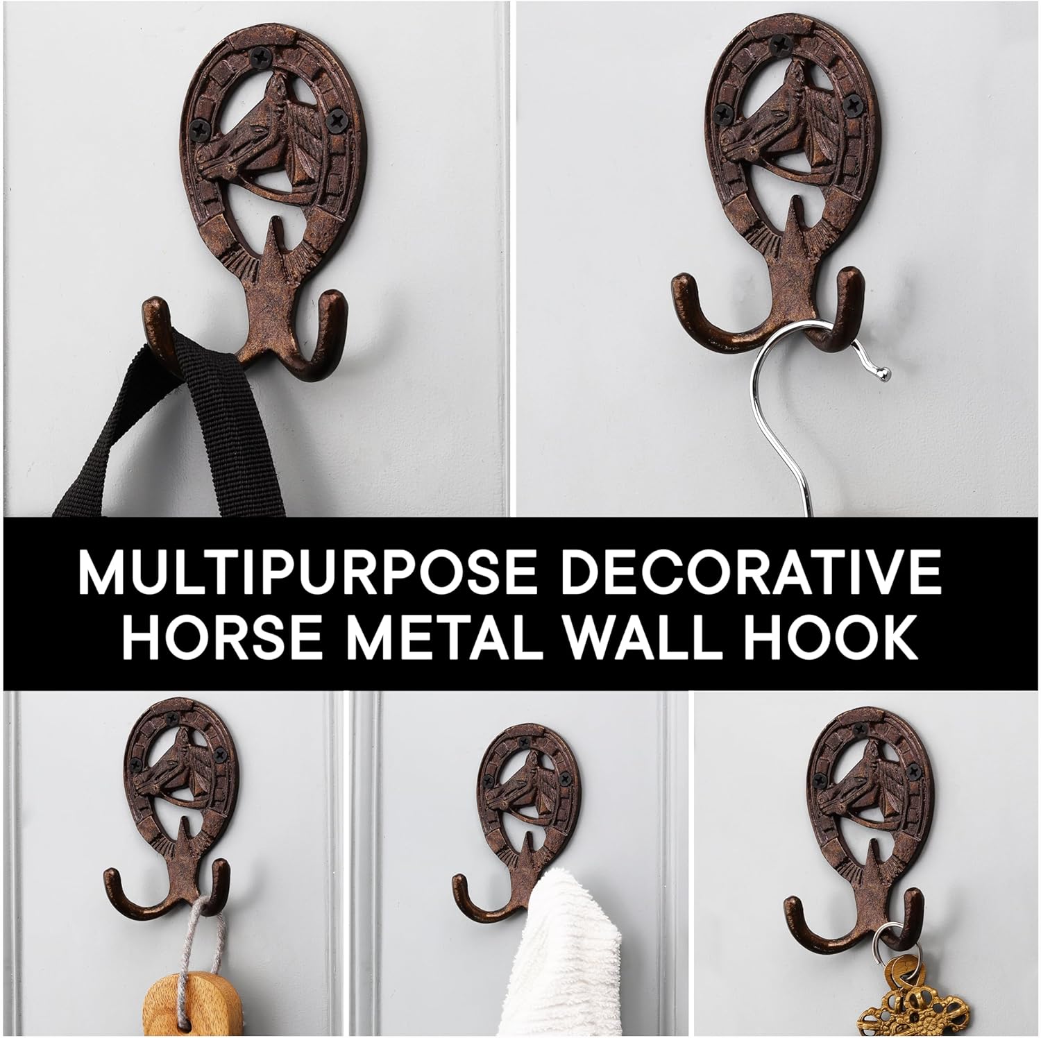 Indian Shelf 3 Pack Heavy Duty Horse Kids Hooks Double Prong Cast Iron Farmhouse Decorative Vintage Wall Hooks for Hanging Coats, Keys, Bags, Hats, Towels, Backpack, Purse, Robe