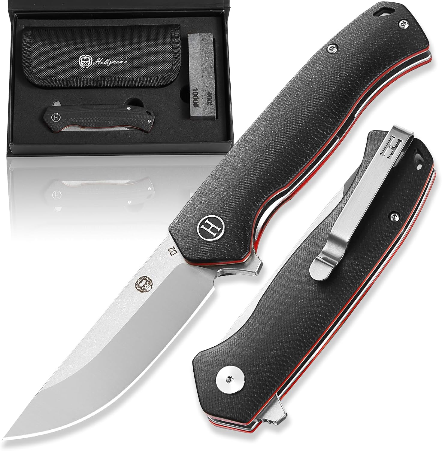 Holtzman's Gorilla Survival Pathfinder Folding Knife with G10 Handle and D2 Steel Blade, Gift Box Set (Silver+Red) - Ideal for Everyday Carry