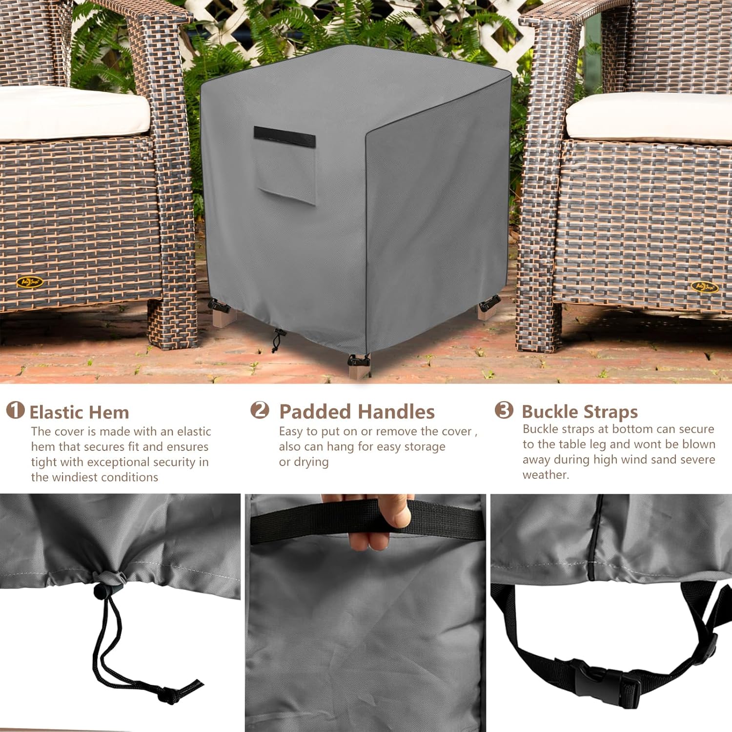 okcool Patio Wicker Side Table Cover,Waterproof Square Patio Small Side Table Cover,Suitable for 3-Piece Outdoor Wicker Patio Bistro Set Side Table,22W x 22D x 18H inch