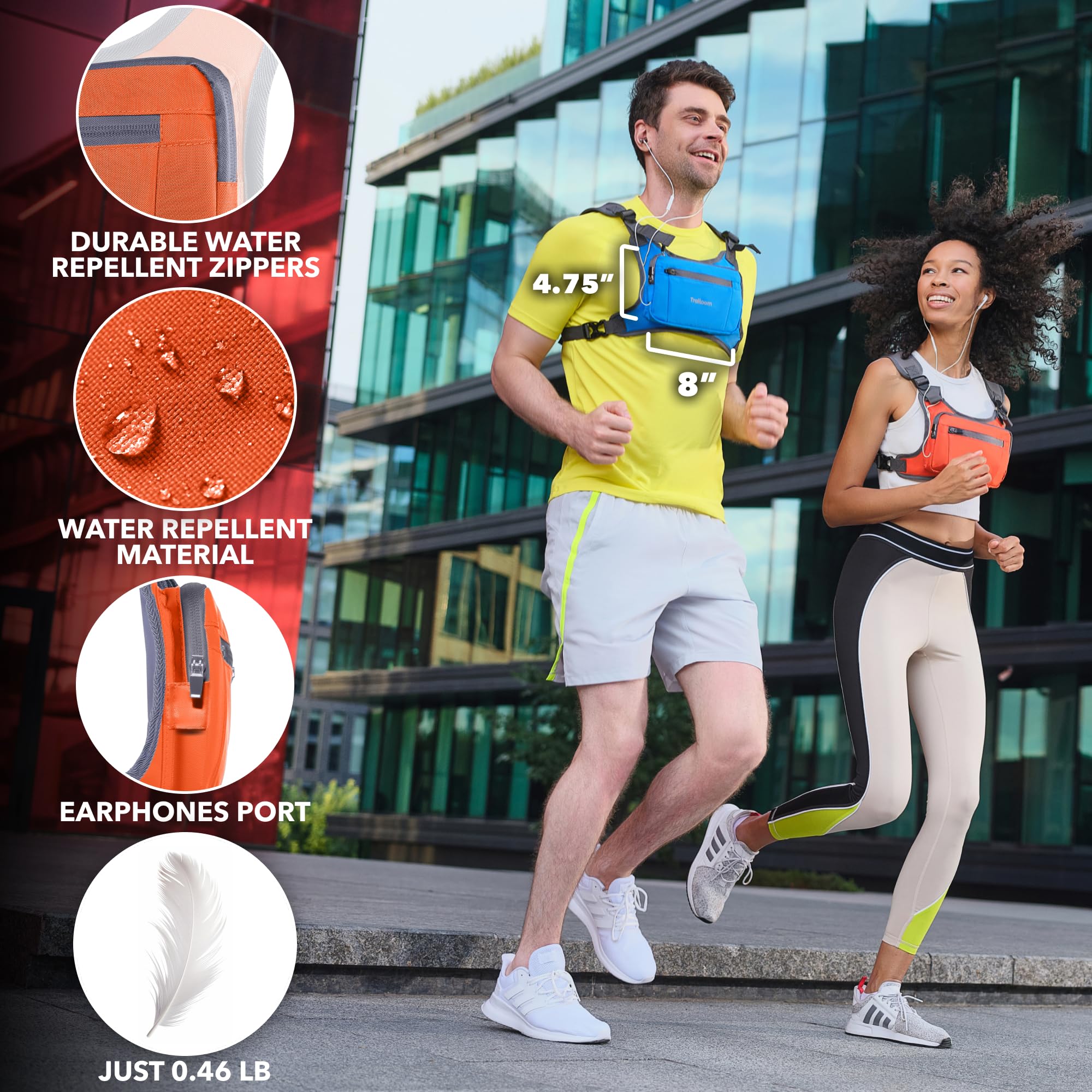 Trailoom Paquete de pecho para correr, chaleco reflectante, repelente al agua, soporte para teléfono, hombres y mujeres, bolsa de entrenamiento para corredores, ciclismo, bolsa EDC, portabebés