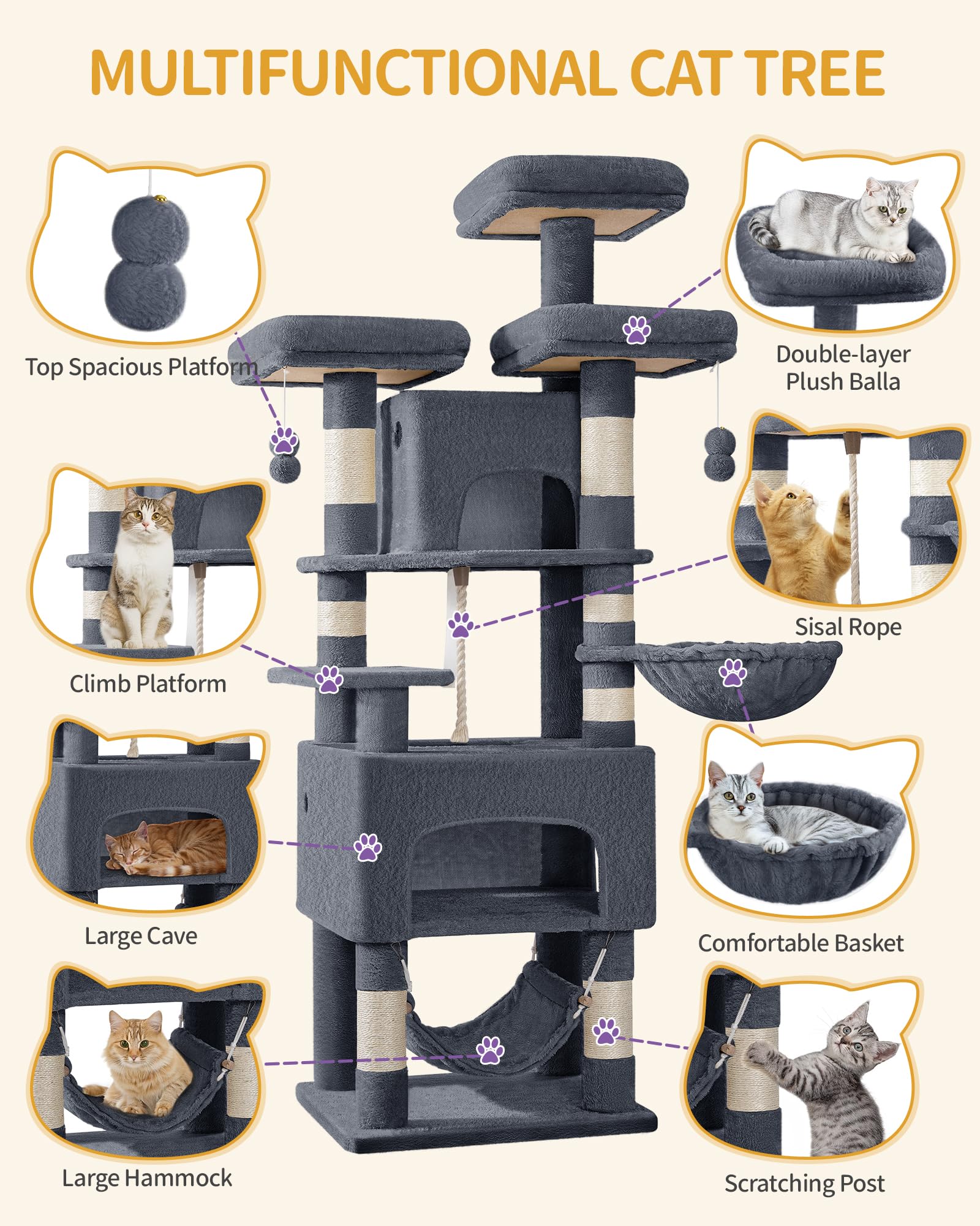 Hzuaneri Árbol para Gatos XXL 176 cm con 3 Plataformas, 2 Camas Cueva, 7 Postes de Sisal y Hamaca - Tiragraffos Robusto para Múltiples Gatos, Gris Oscuro MS17618SG