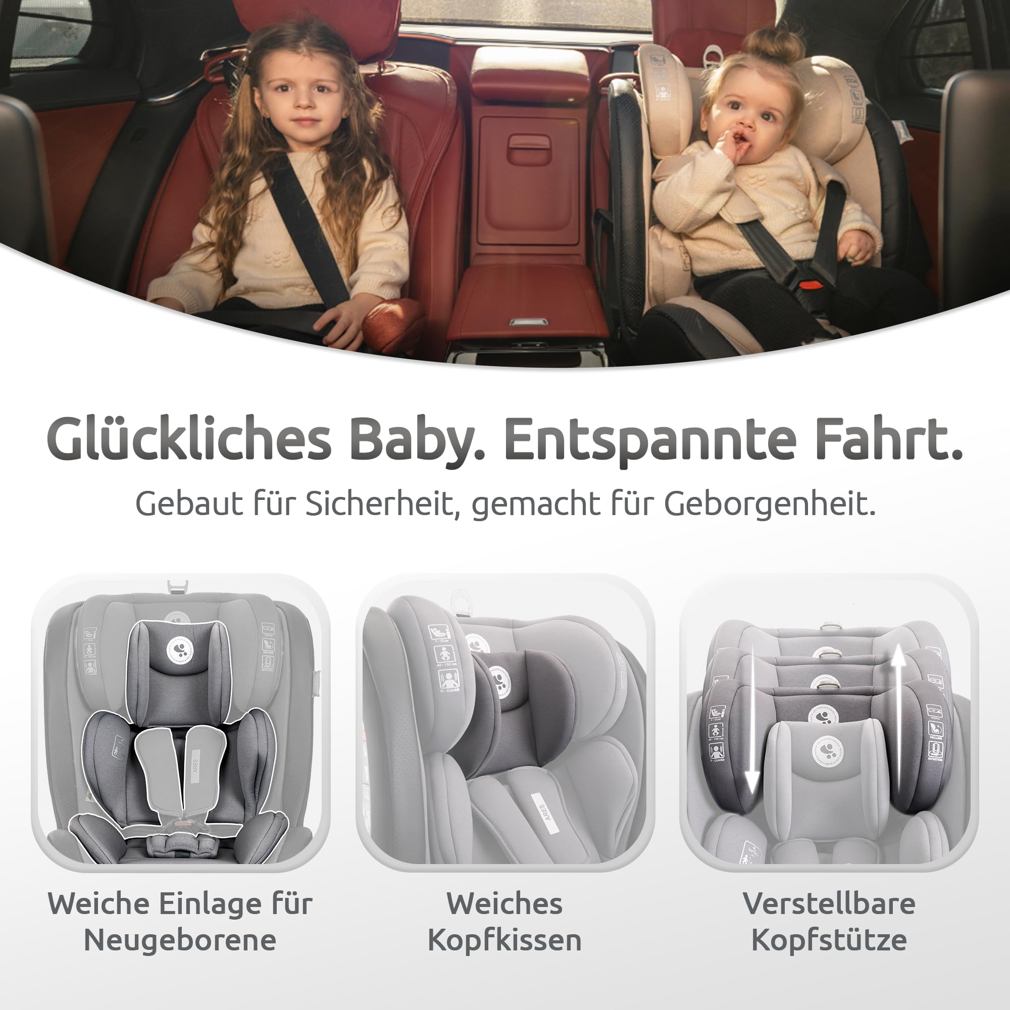 Lorelli Auto Kindersitz Ares mit Isofix, 360 Grad drehbar, (0-36 kg) Mitwachsender Autositz i-Size 40-150cm - Gruppe 0+/1/2/3, Babysitz ab Geburt, 5-Punkt-Gurt, Einstellbare Kopfstütze, grau