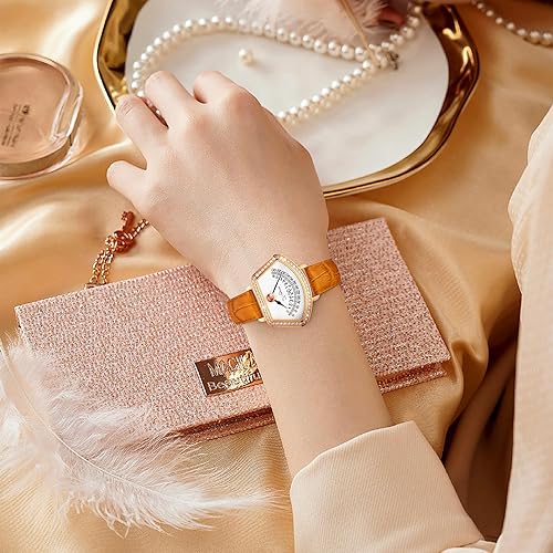 Miniatura 2 de T-ENGINE Relojes de pulsera para mujer, relojes de pulsera de cuarzo para mujer, correa de cuero, esfera en forma de abanico con superficie de