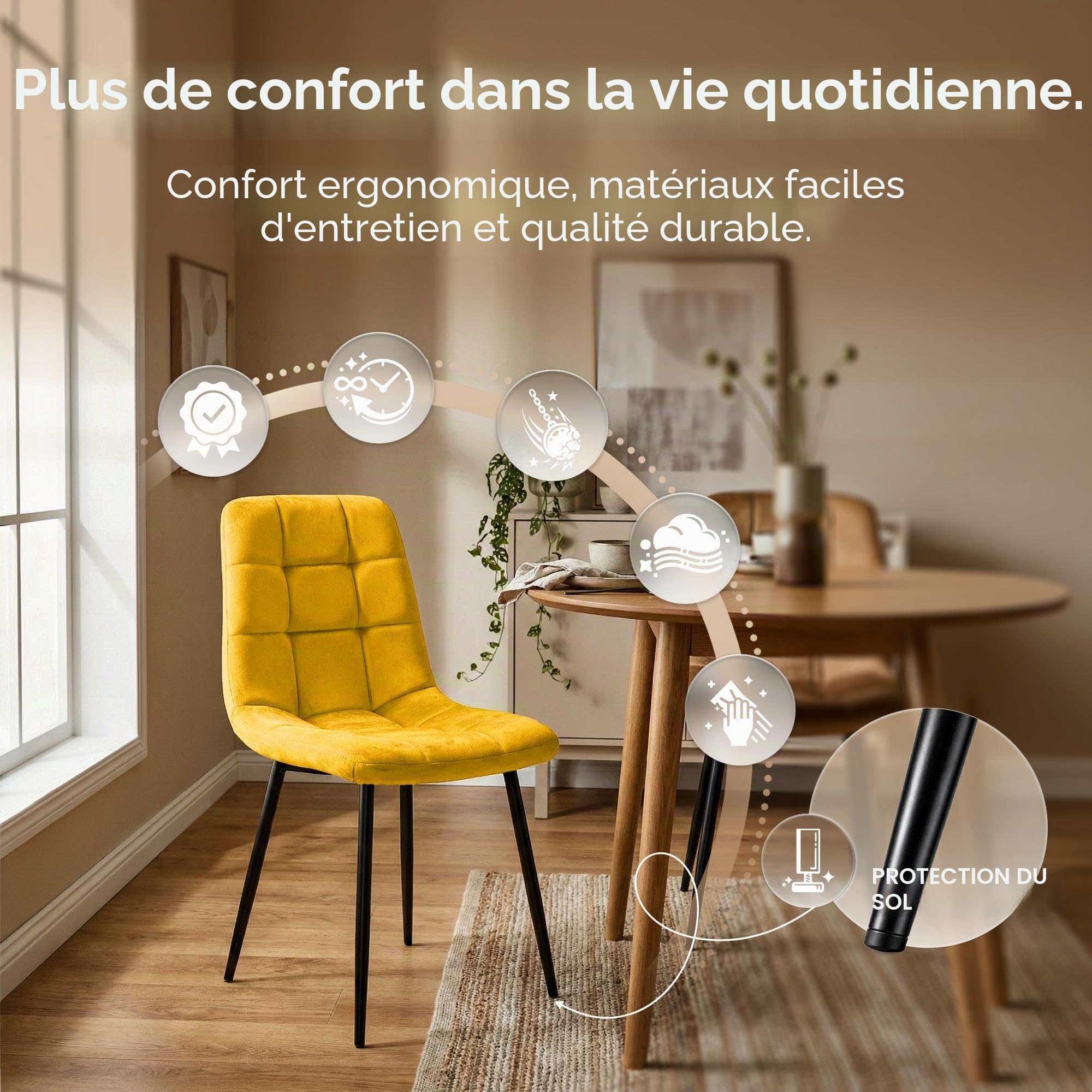 CLP Chaise de Salle a Manger rembourree Antibes, Chaise de Cuisine en Velours avec Dossier et Pied Metal Noir, Charge Max 150 kg, Couleur:Jaune