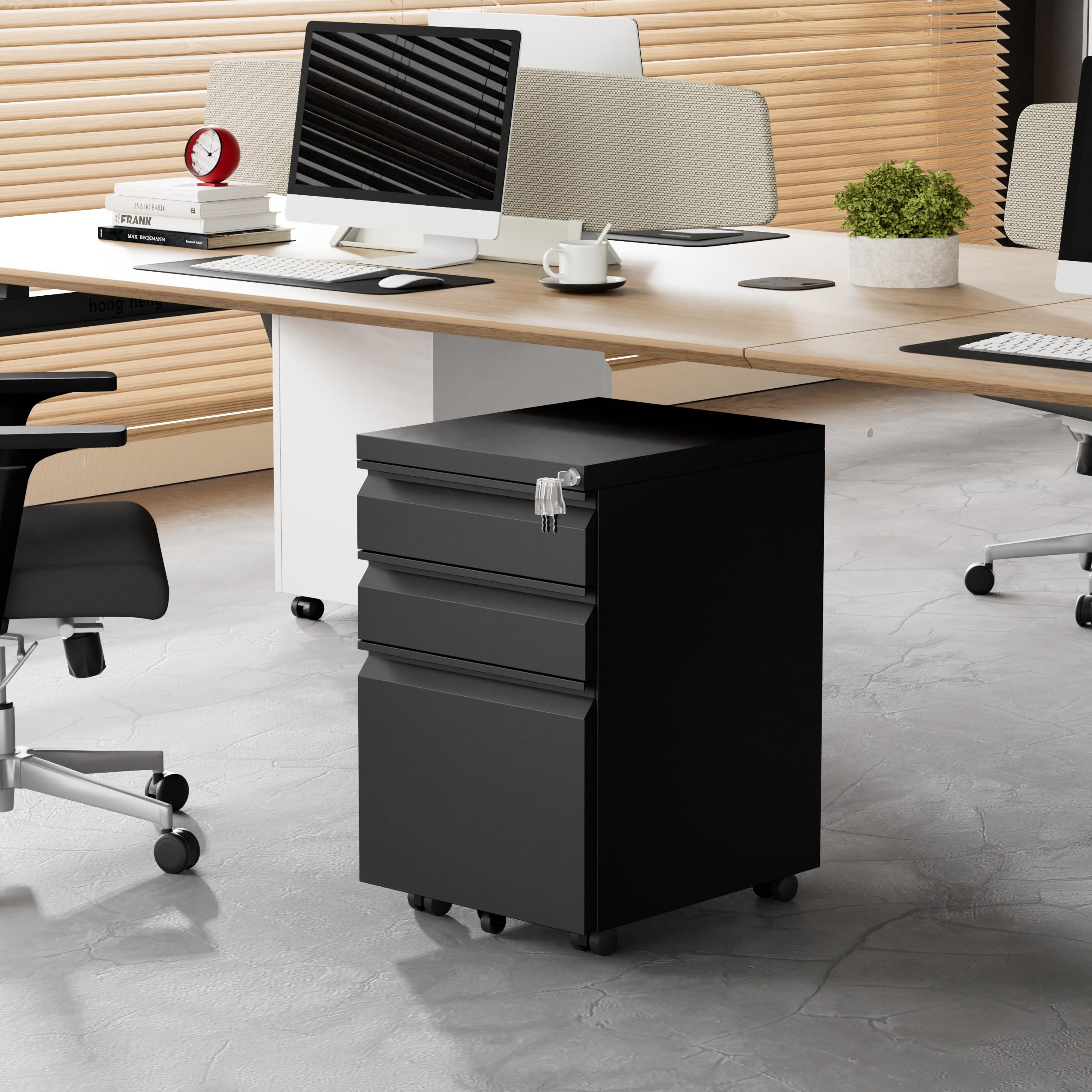 Rollcontainer, Aktenschrank Abschließbar mit 4 Schlüsseln, Aktenschrank unter Schreibtisch, mit 3 Schublade, Vormontiert, Abschließbarer, Büro, Homeoffice, für A4/Legal/Letter