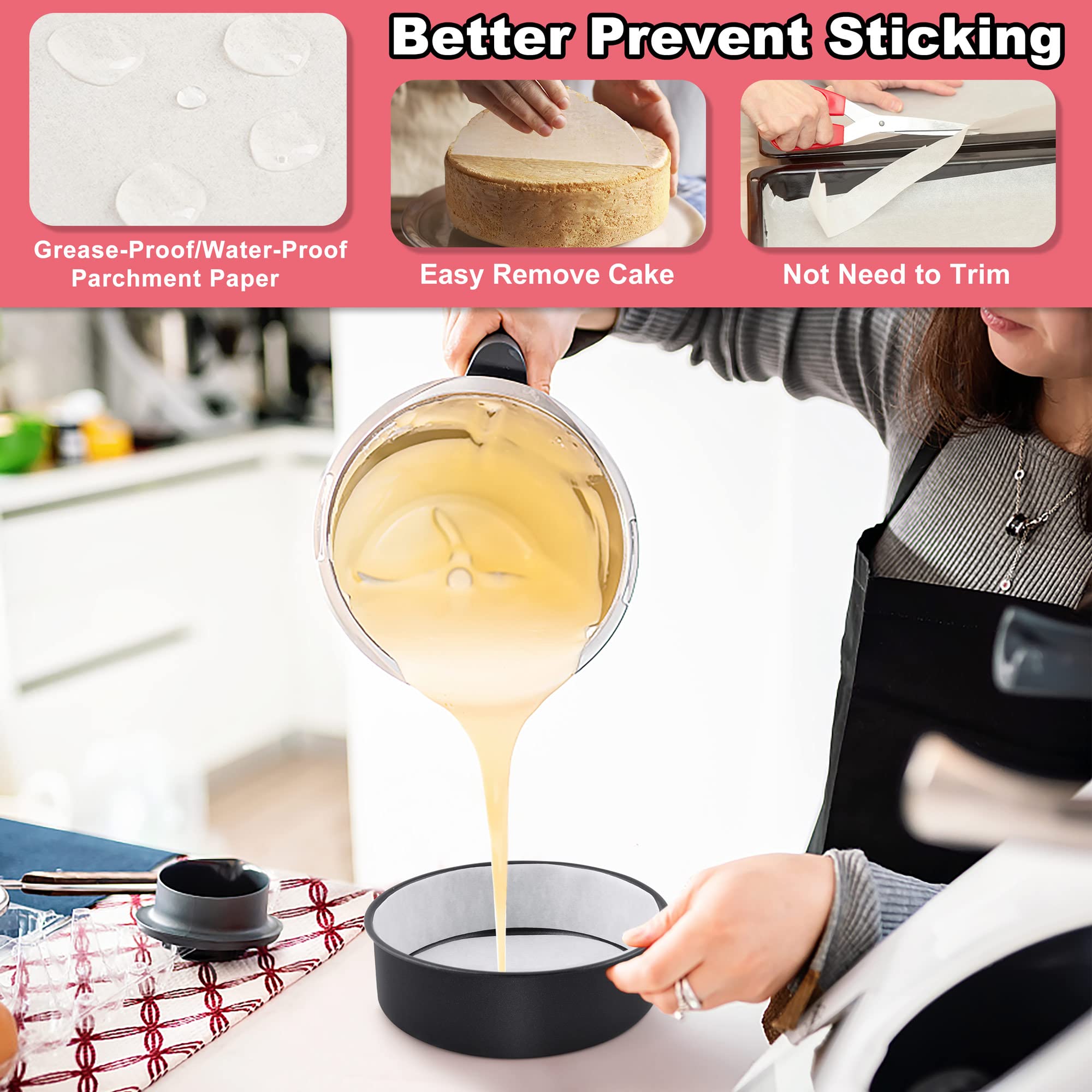 Efar Lot de 2 moules à gâteau ronds antiadhésifs en acier inoxydable avec papier sulfurisé et rouleau de doublure latérale, noyau en acier inoxydable et revêtement non toxique, côté droit et
