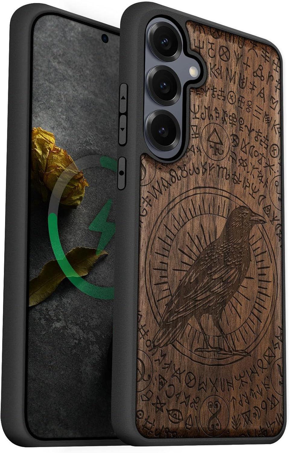 Carveit Magnetic Wooden Case for Galaxy S25+ Samsung S25 Plus Case, TPU Shockproof Cover & Wood Engraved, Compatible with MagSafe Wireless Chargers (The Haloed Crow) Walnut