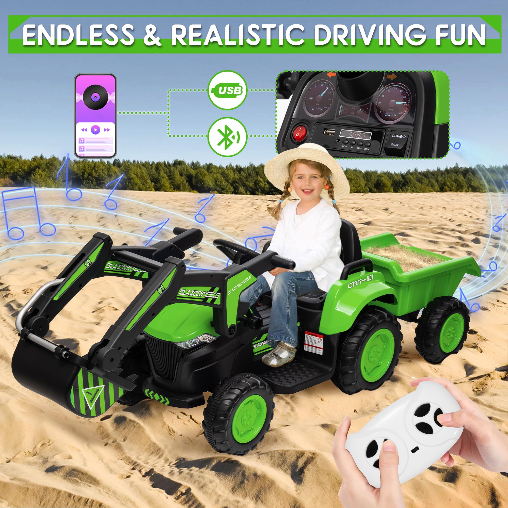 Hetoy 12V 3 in 1 Kids Ride on Excavator & Tractor with Detachable Trailer, Kids Electric Vehicles with Remote Control, Digger, LED Lights, Music, Ride on Car Toy for Boys Girls, Green