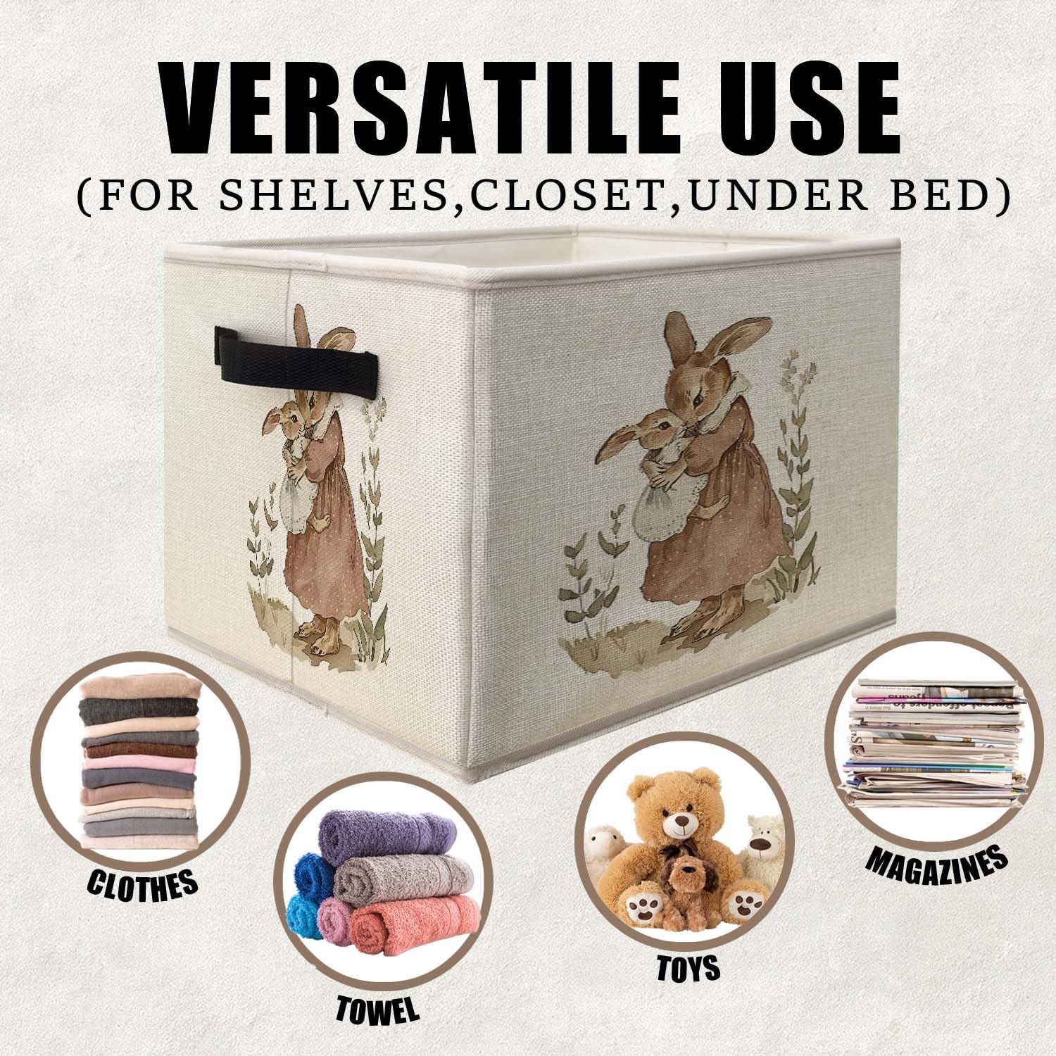 Vintage Bunny Storage Bins Basket, Toybox for Girls Room, Retro Rabbit Mom and Baby Collapsible Fabric Storage Box Organizer for Bedroom Bathroom Clothes Books Toys - Image 2