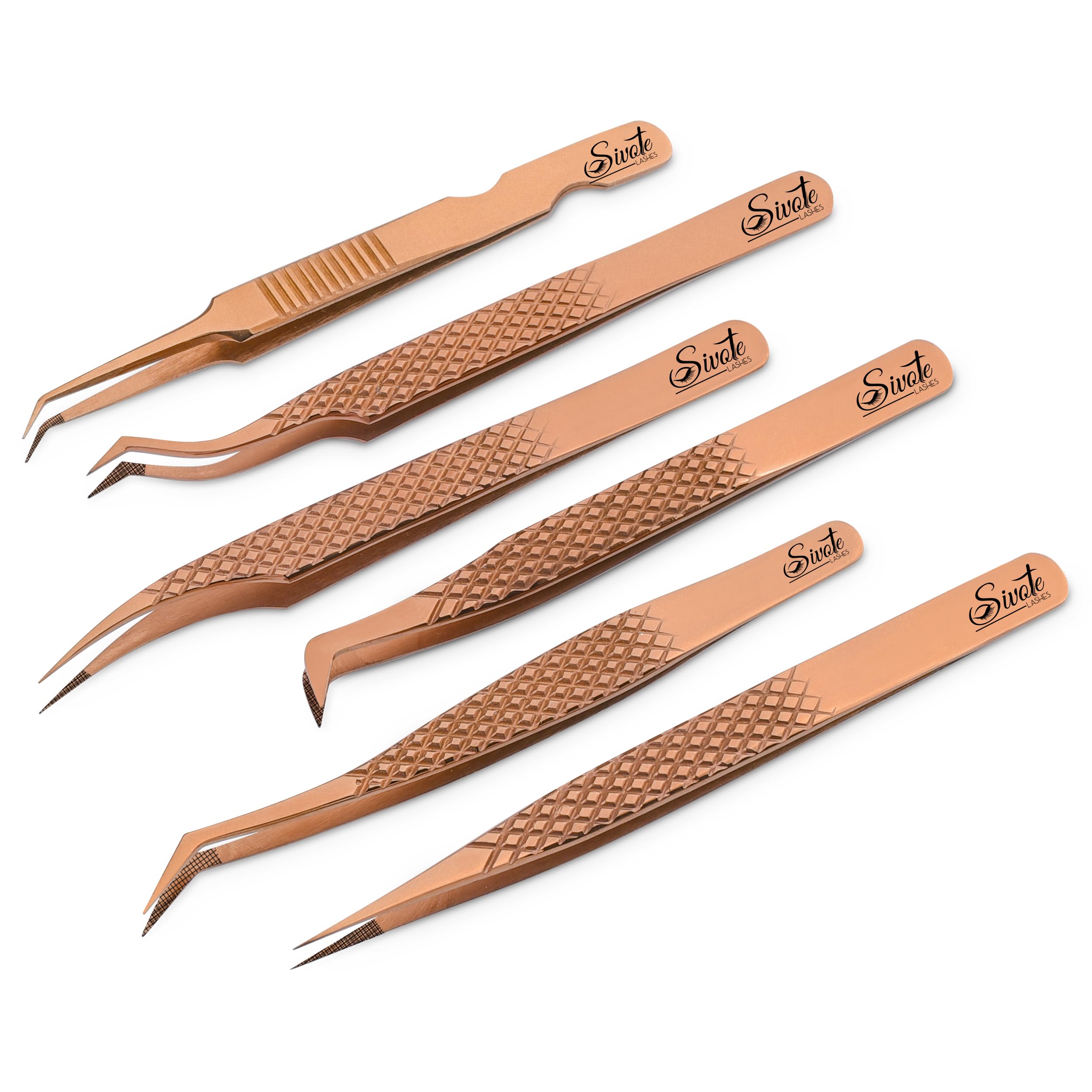 SIVOTE Eyelash Extension Tweezers Fiber Tips Japanese Steel, Set of 6 – Curved, Dolphin, 90° 45° Volume Boot & Slight Curved Tweezer – Professional